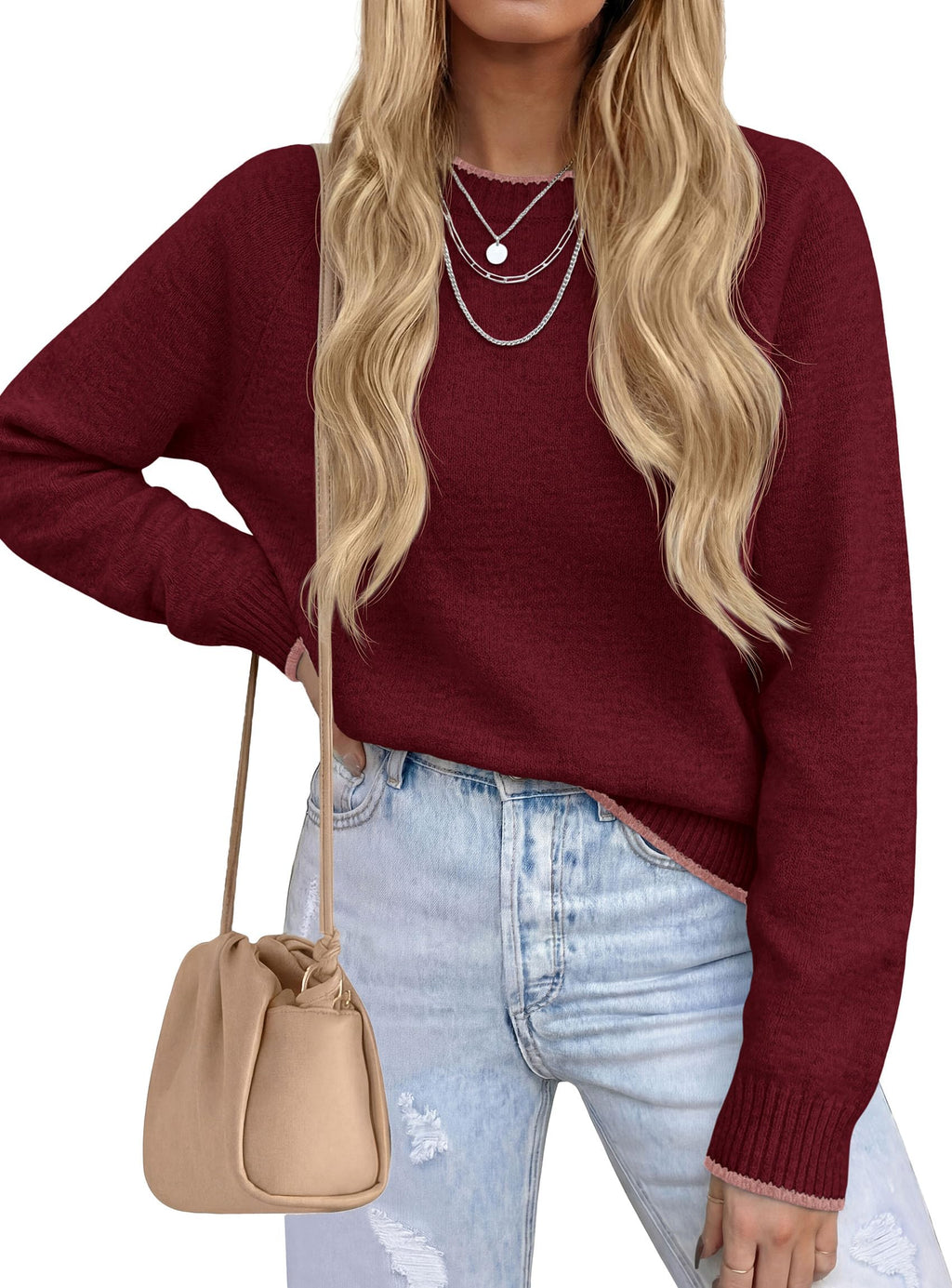 PRETTYGARDEN Womens Crewneck Fall Sweaters Pullover Tops Soft Stretchy Knit,Raglan Long Sleeve,Ribbed Cuffs,Color Block,Casual Daily Outfits,Office Work Clothes,Winter Layering Wear