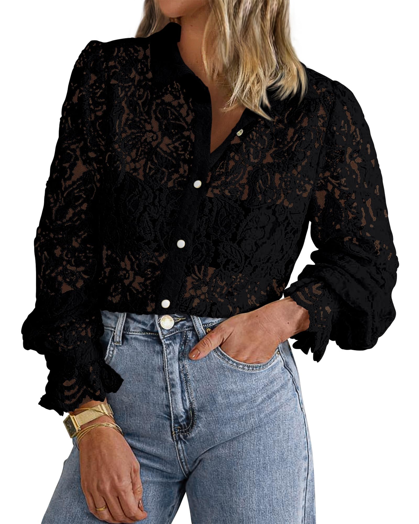 FreshPretty Long Sleeve Lace Blouses for Women Spring Dressy Casual Button Down Shirts Date Night Outfit Club Party Tops