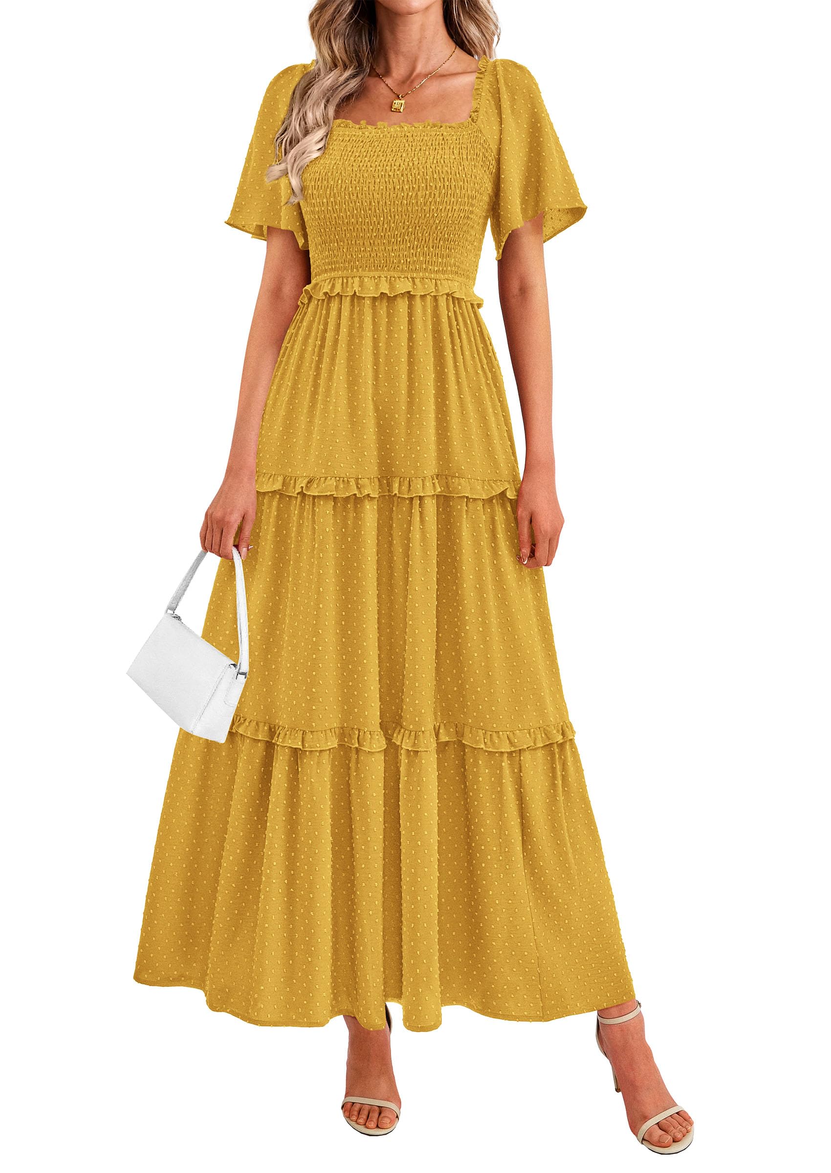 PRETTYGARDEN Summer Dresses for Women Boho Swiss Dot Smocked Square Neck Short Sleeve Spring Wedding Guest Maxi Dress