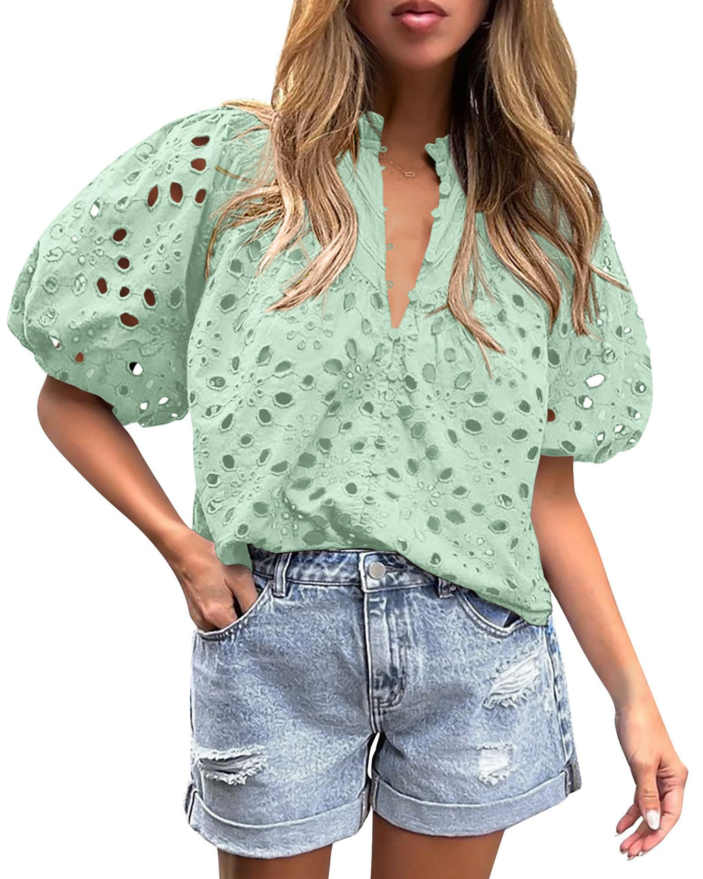 PRETTYGARDEN Women's Summer Tops Dressy Casual Short Sleeve V Neck Buttons Hollow Out Lace Embroidered Blouses Shirts