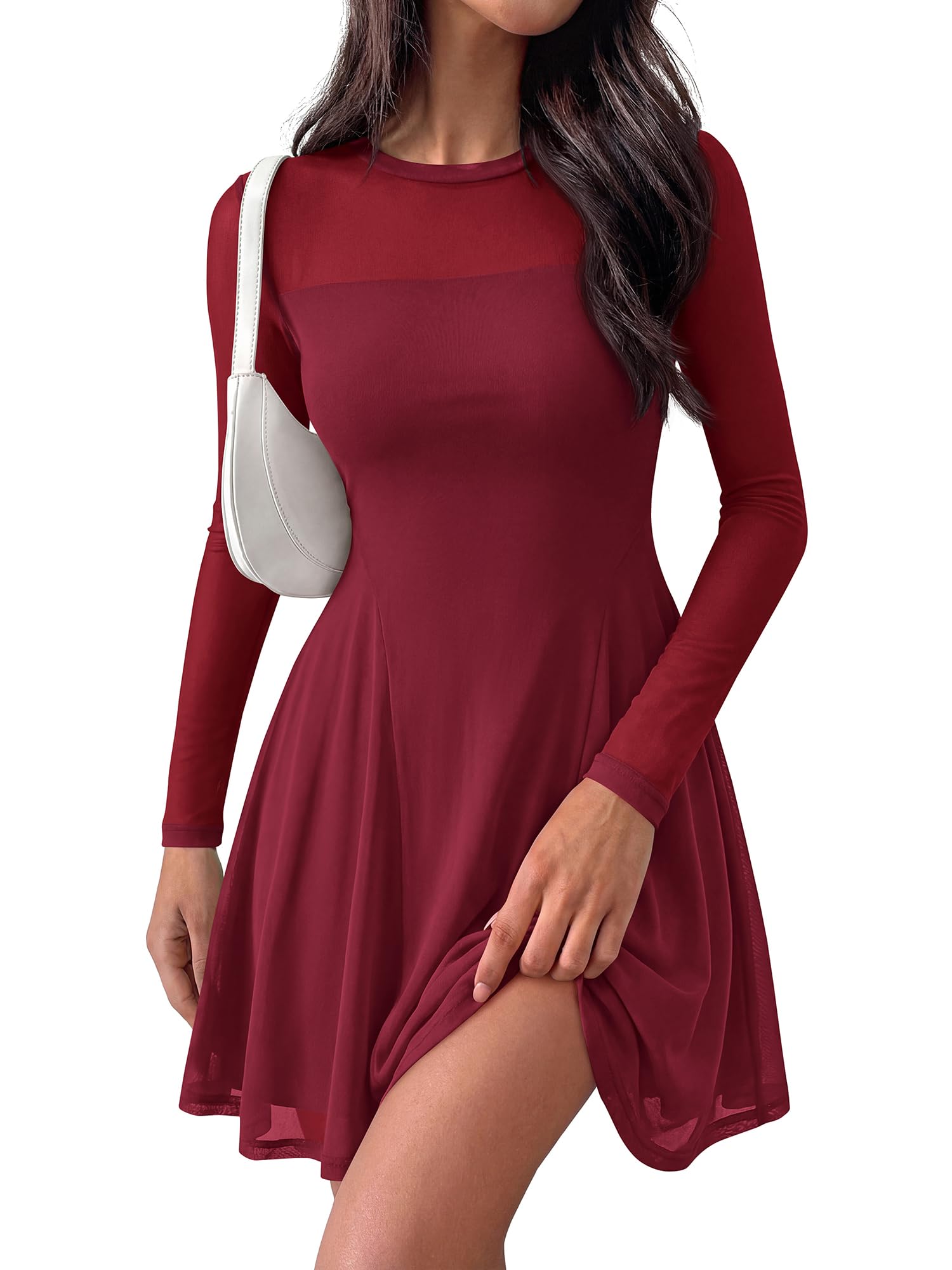 BTFBM Women’s Mini Dress Sheer Mesh Long Sleeve Crew Neck Flowy A Line Casual Cocktail Party Going Out Dresses Fall