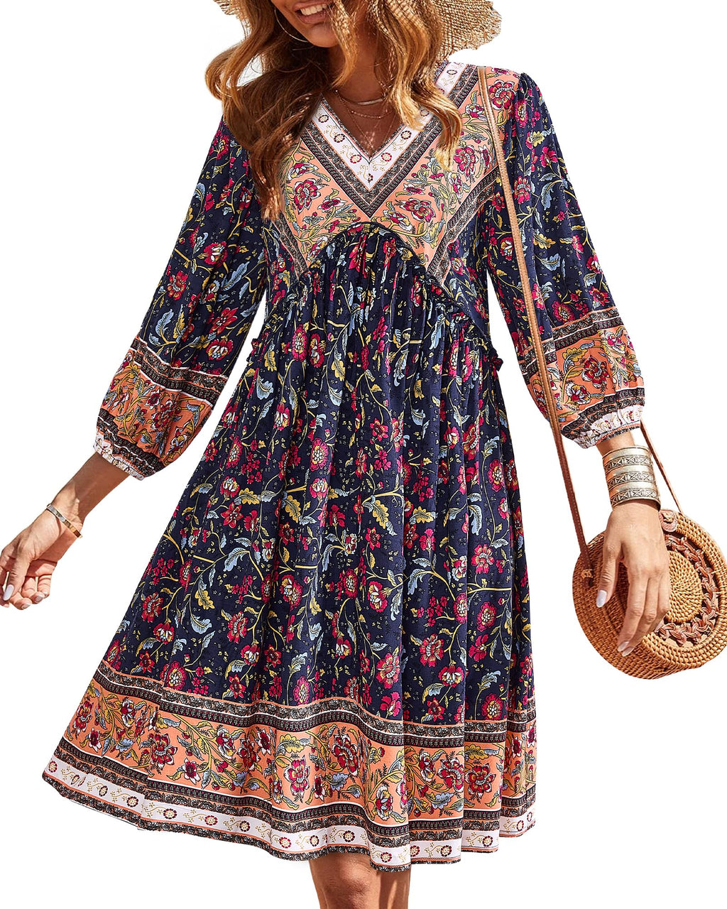 BTFBM Women Casual Spring Summer Dresses V Neck 3/4 Long Sleeve Ruffle Floral Flowy Boho Babydoll Mini Short Beach Dress