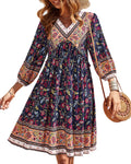 BTFBM Women Casual Spring Summer Dresses V Neck 3/4 Long Sleeve Ruffle Floral Flowy Boho Babydoll Mini Short Beach Dress