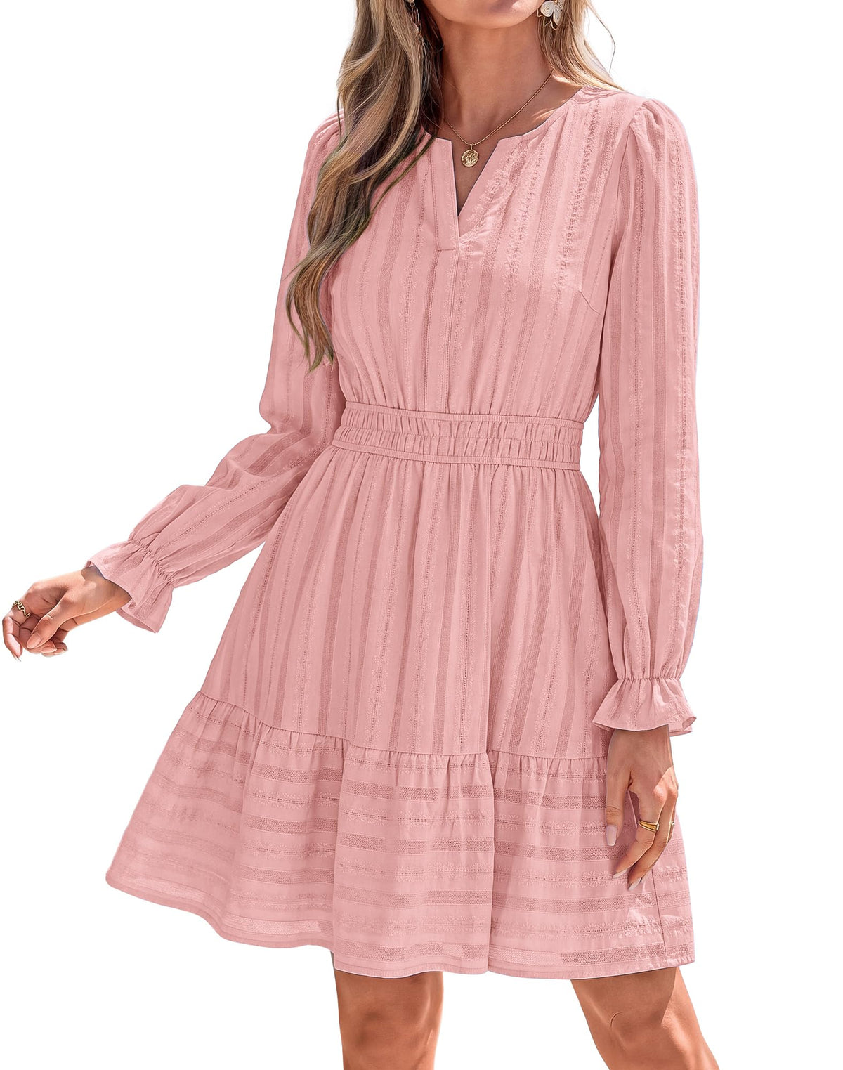 BTFBM Women Long Sleeve Flowy A Line Mini Fall Dress V Neck Puff Cuffs Elastic Waist Tiered Ruffle, Lightweight Small Hollow Out, Cute Casual Boho, Party Wedding Guest Dresses