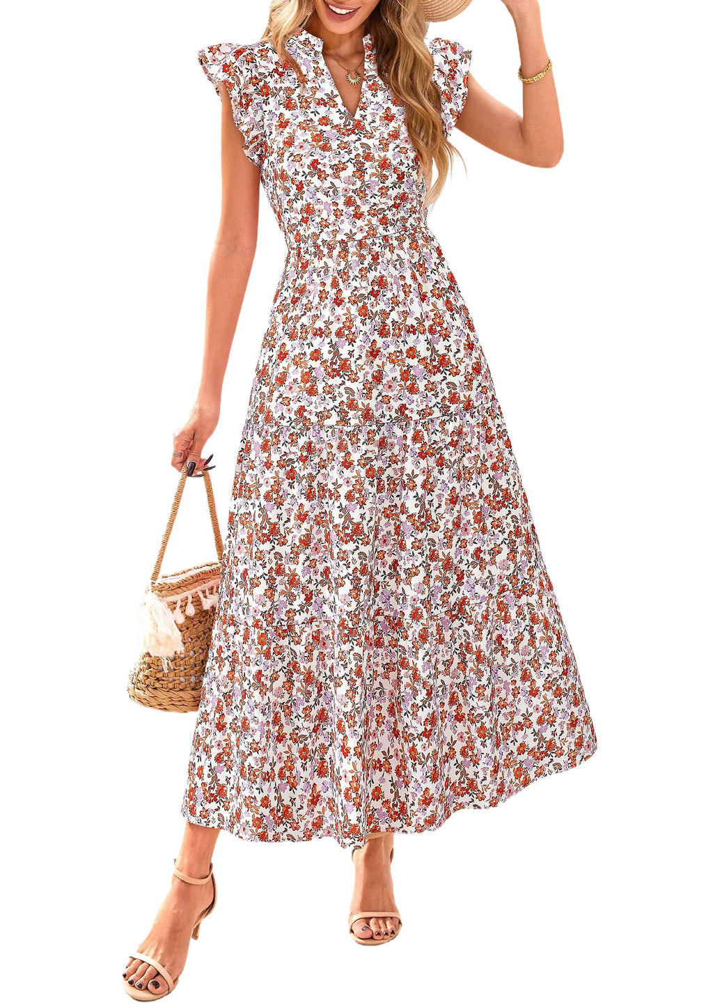 Visit the PRETTYGARDEN Store PRETTYGARDEN Women's Summer Floral Midi Dress Cap Sleeve V Neck Ruffle Long Flowy Boho Casual Beach Vacation Dresses