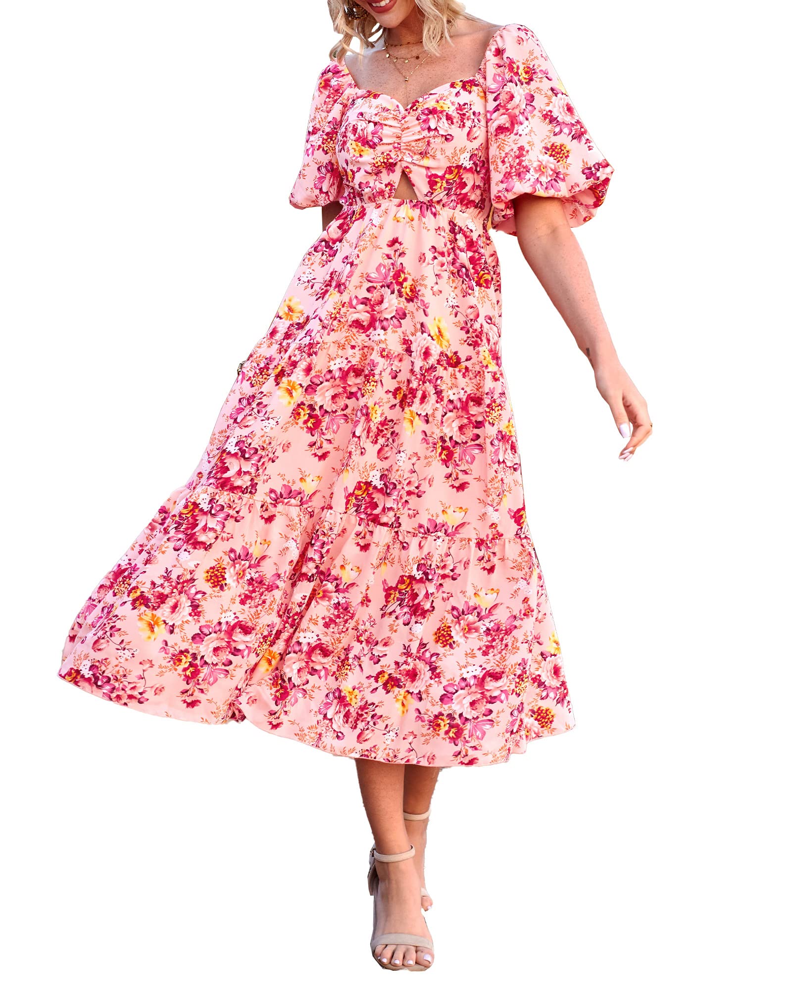 FreshPretty Women Summer Dresses Casual Flowy Beach Square Neck Puff Short Sleeve Smocked Back Boho Floral Long Maxi Dress