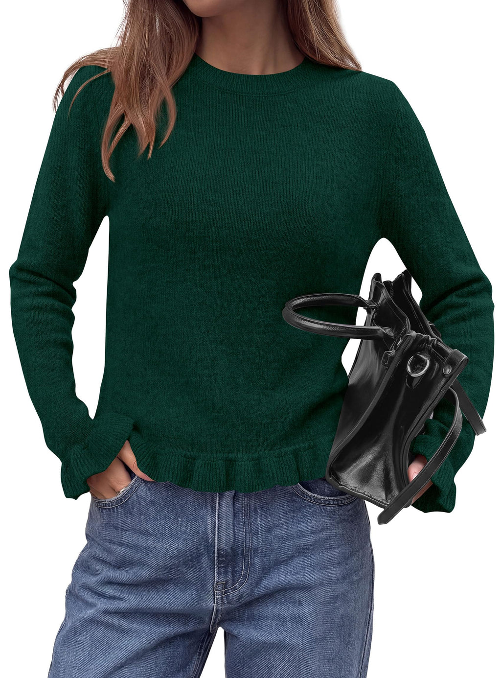 PRETTYGARDEN Women's Ruffle Sweaters Fall Fashion Cozy Knit Pullover Soft Stretchy, Crewneck Long Sleeve, Cute Peplum Tops, Dressy Casual Blouses, Going Out Holiday, Trendy Winter Outfits