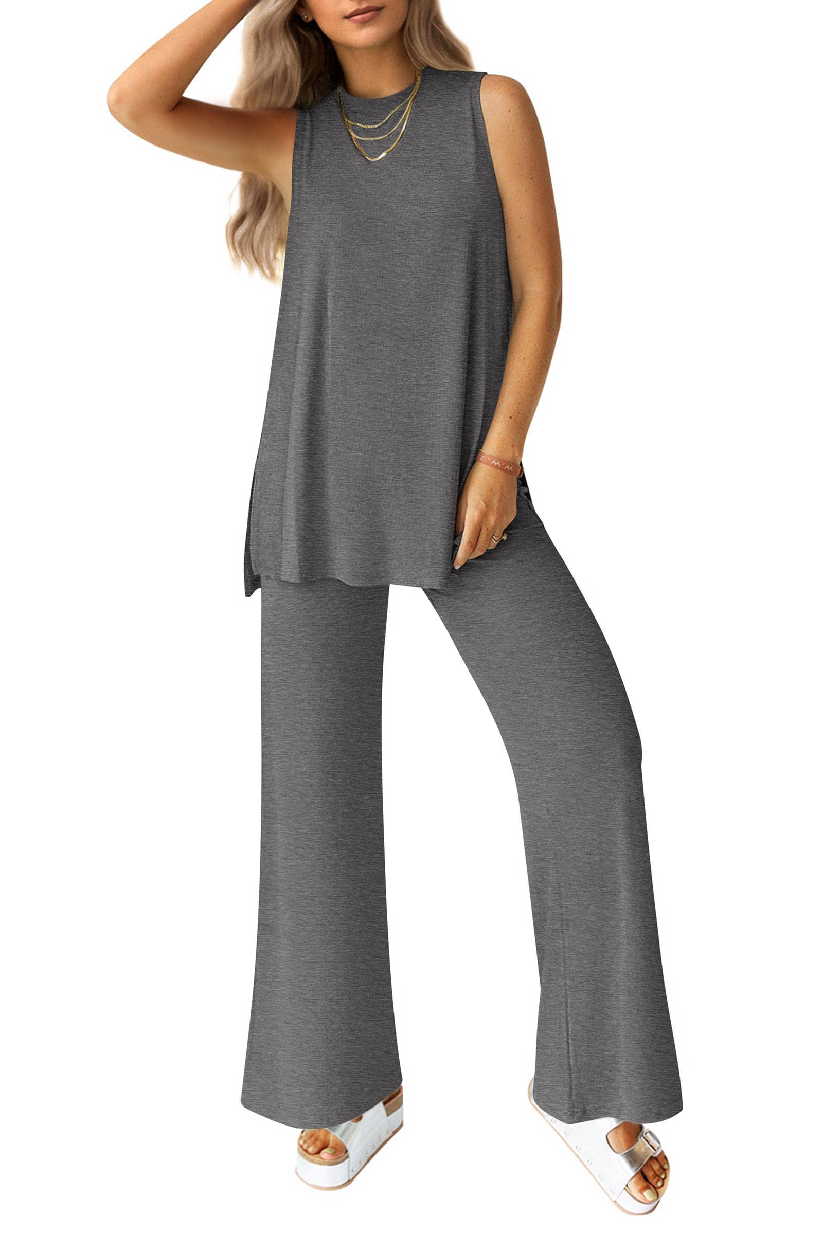 PRETTYGARDEN Women's 2 Piece Lounge Set Summer Casual Loose Tank Top Wide Leg Pants Matching Travel Outfits Tracksuit