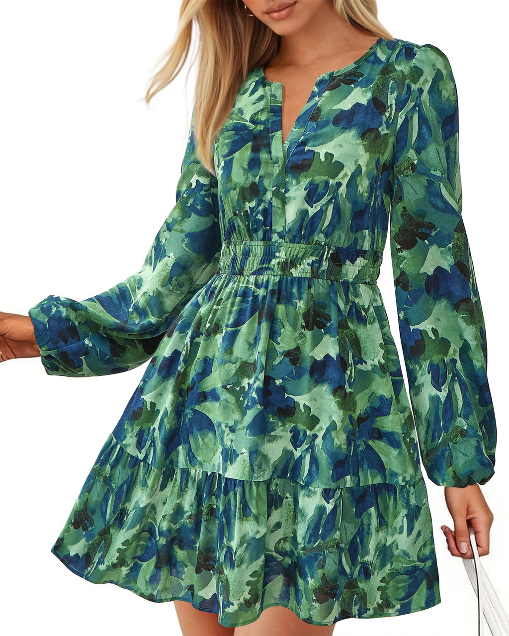 BTFBM Spring Dresses for Women Mini Long Sleeve Elastic Waist Summer Vacation Outfits Floral Wedding Guest Dress