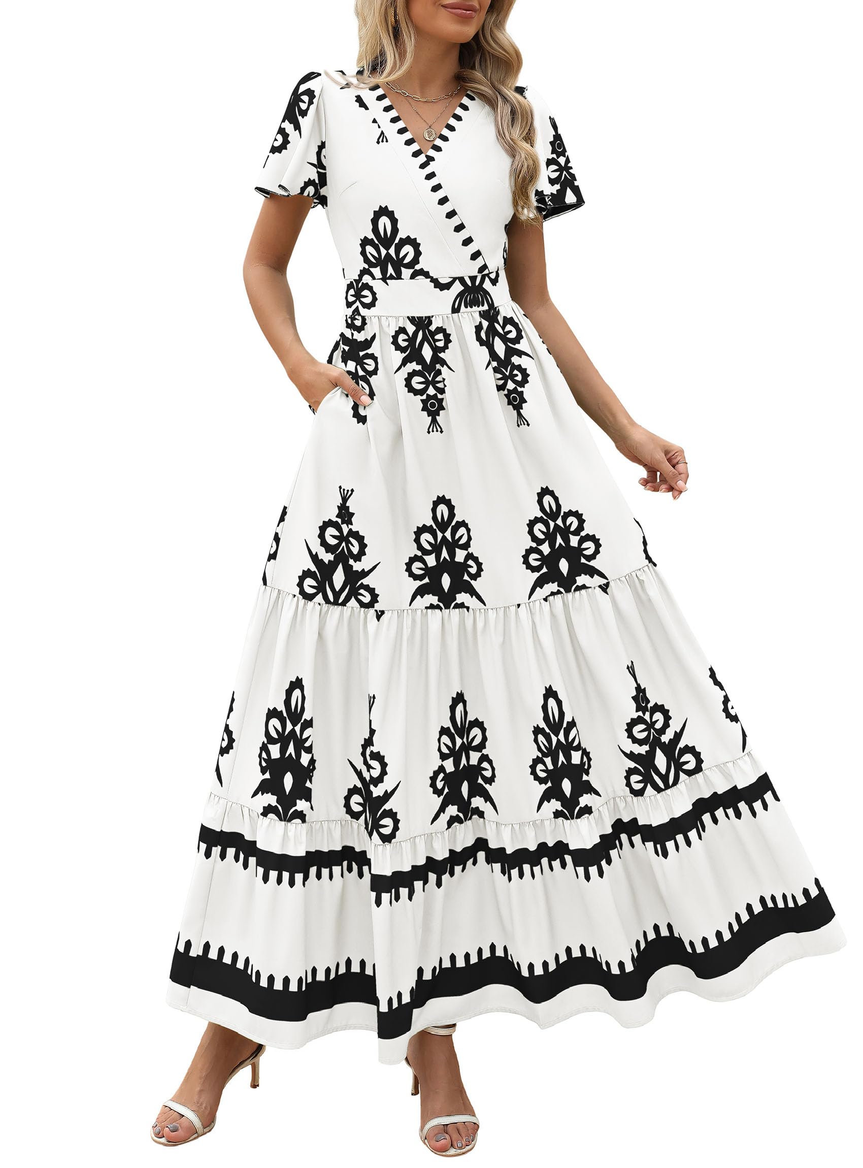 PRETTYGARDEN Womens Summer Casual V Neck Boho Maxi Dress Flowy Aline Bell Sleeve Tiered Floral Dresses with Pocket