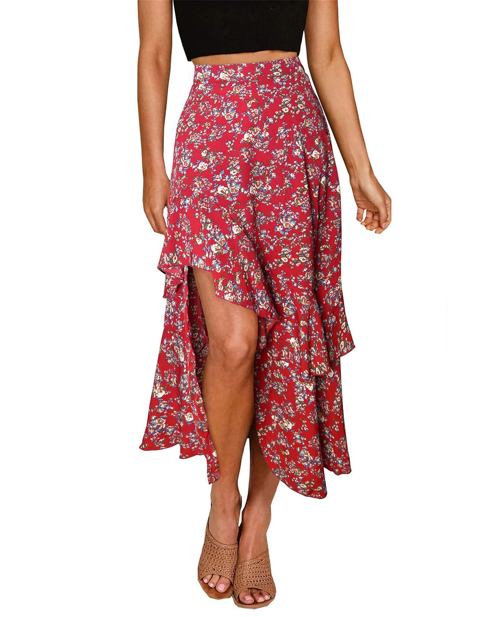 BTFBM Women Spring Summer Long Skirts Dress Boho Floral Elastic Waist Split Ruffle High Low Beach Maxi Skirt Clothes