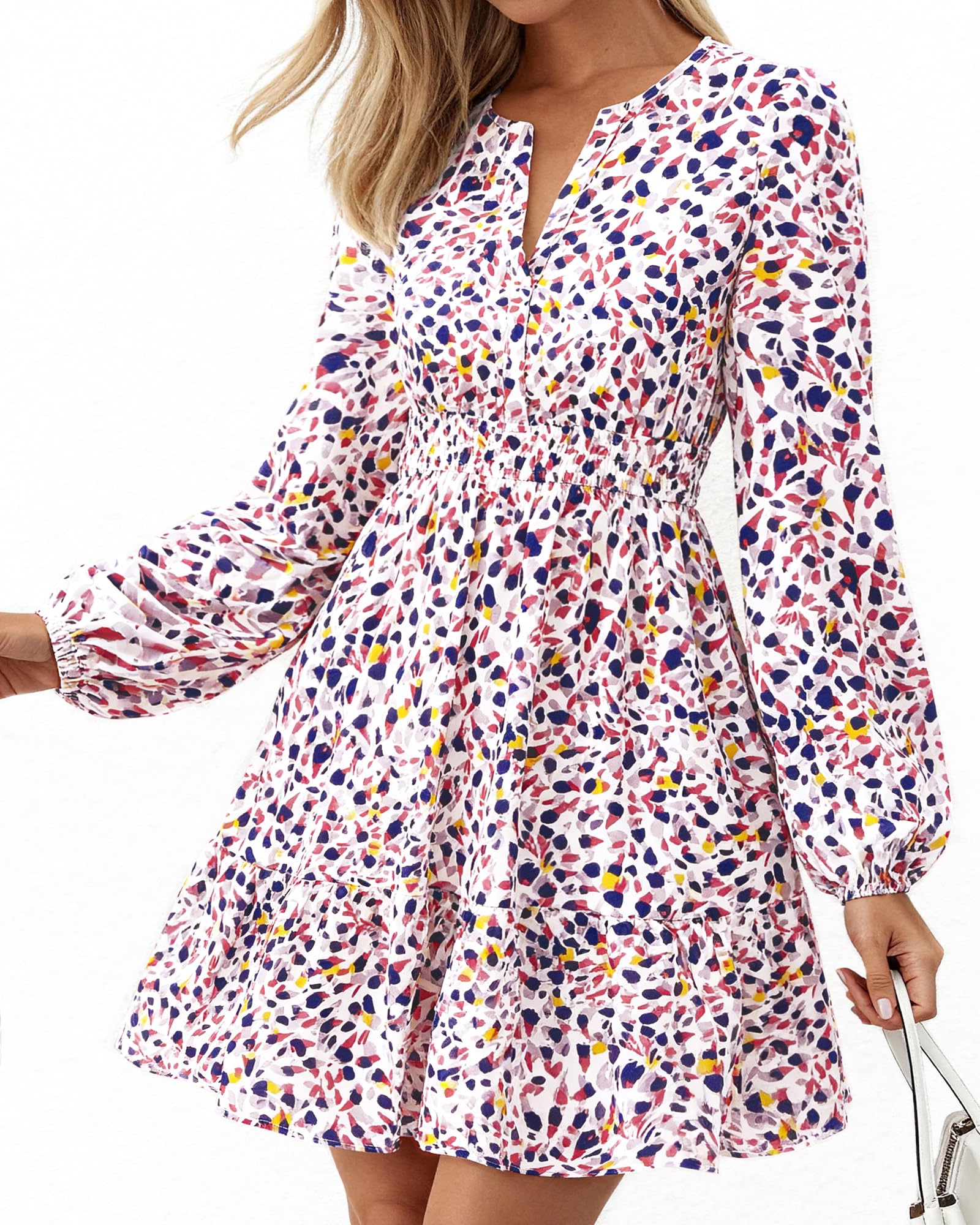 BTFBM Spring Dresses for Women Mini Long Sleeve Elastic Waist Summer Vacation Outfits Floral Wedding Guest Dress