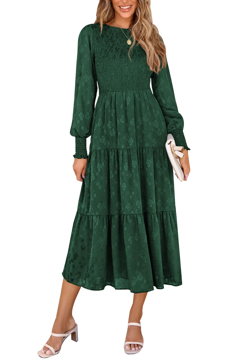 PRETTYGARDEN Women's Fall Spring Midi Dress Long Sleeve Floral Smocked Elegant Wedding Guest Long Flowy Dresses with Pockets