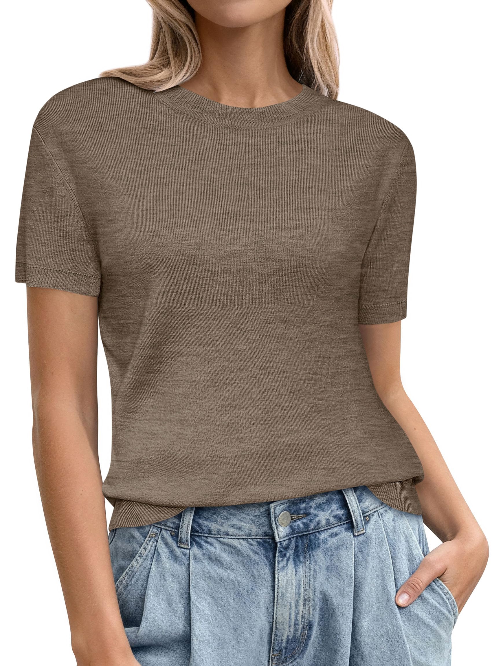 PRETTYGARDEN Women's Short Sleeve Sweaters Spring Crew Neck Knit Work Shirts Business Casual Tops Summer Fashion Clothes
