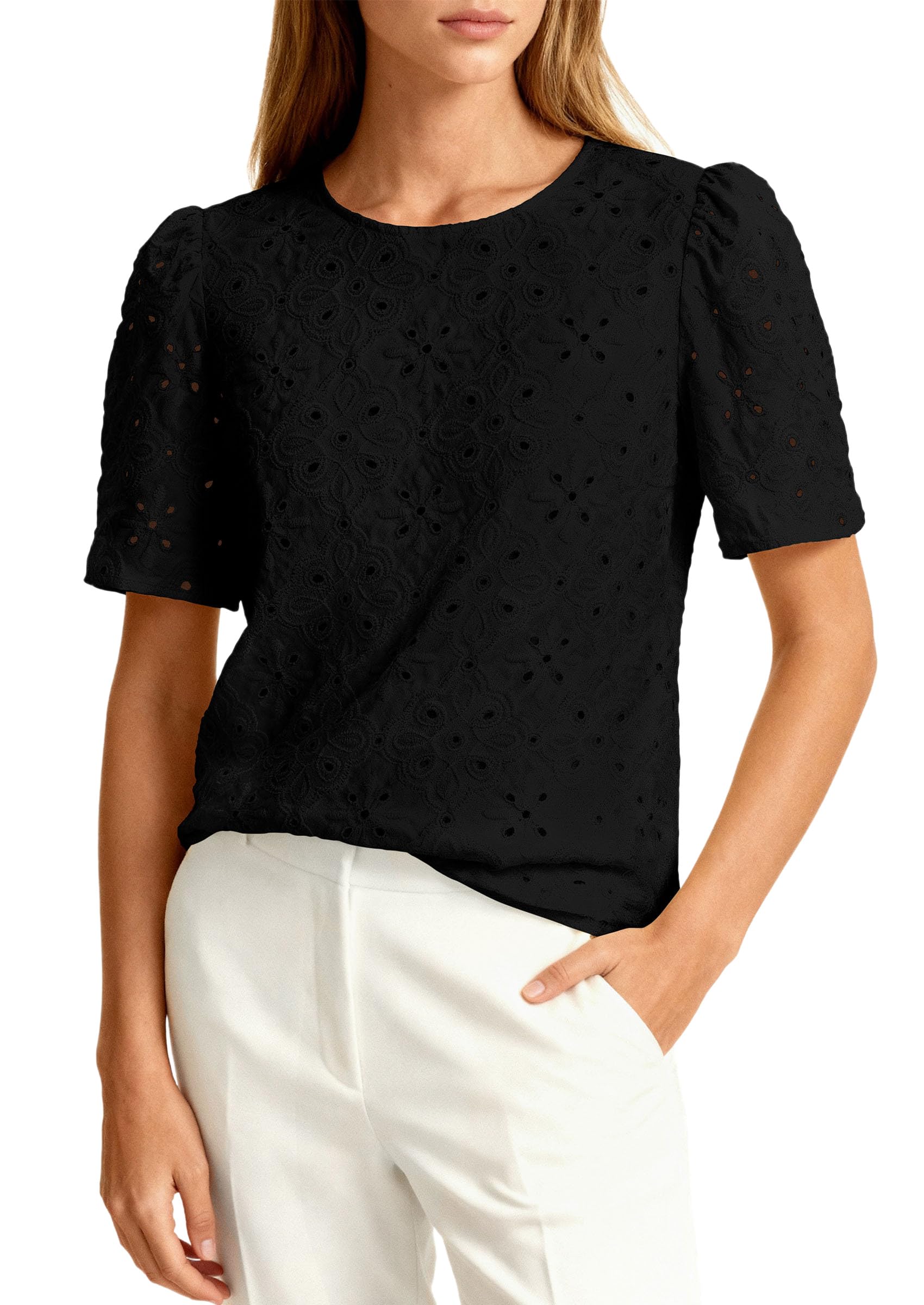 PRETTYGARDEN Women's Puff Short Sleeve Eyelet Shirts Summer Lace Blouses Dressy Casual Work Tops Spring Teacher Clothes