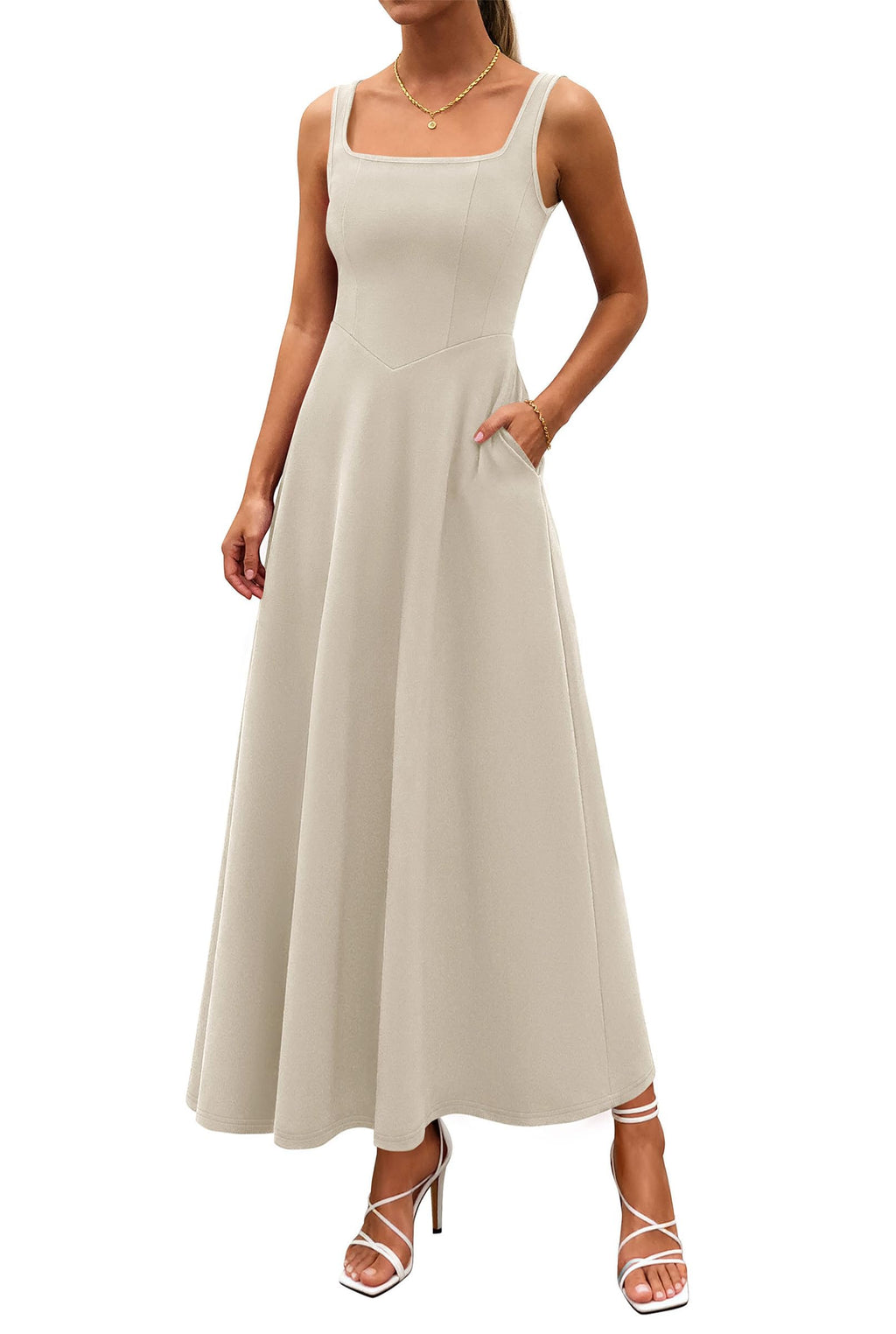 PRETTYGARDEN Womens Summer Dresses Sleeveless Elegant Square Neck Aline Swing Maxi Beach Wedding Guest Dress Pockets
