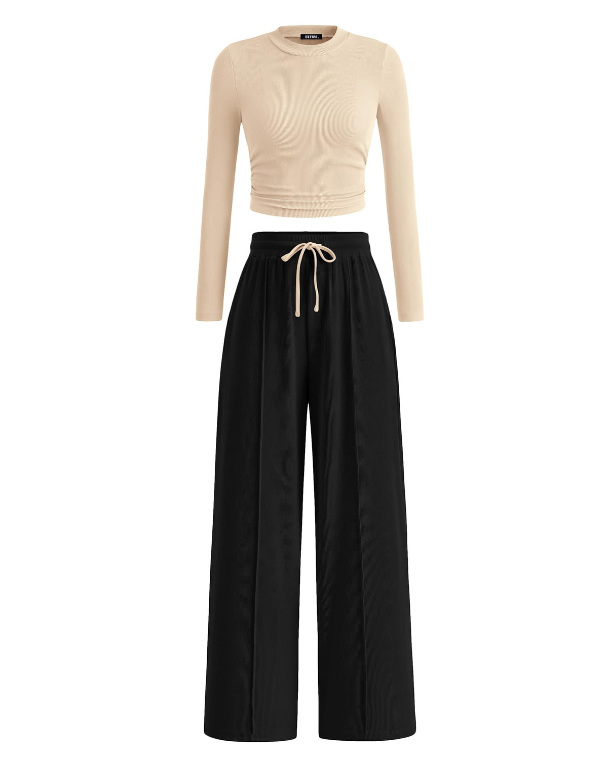 BTFBM Casual 2 Piece Sets For Women Fall Outfits Ribbed Spring Long Sleeve Crop Top Wide Leg Pants Matching Lounge Set
