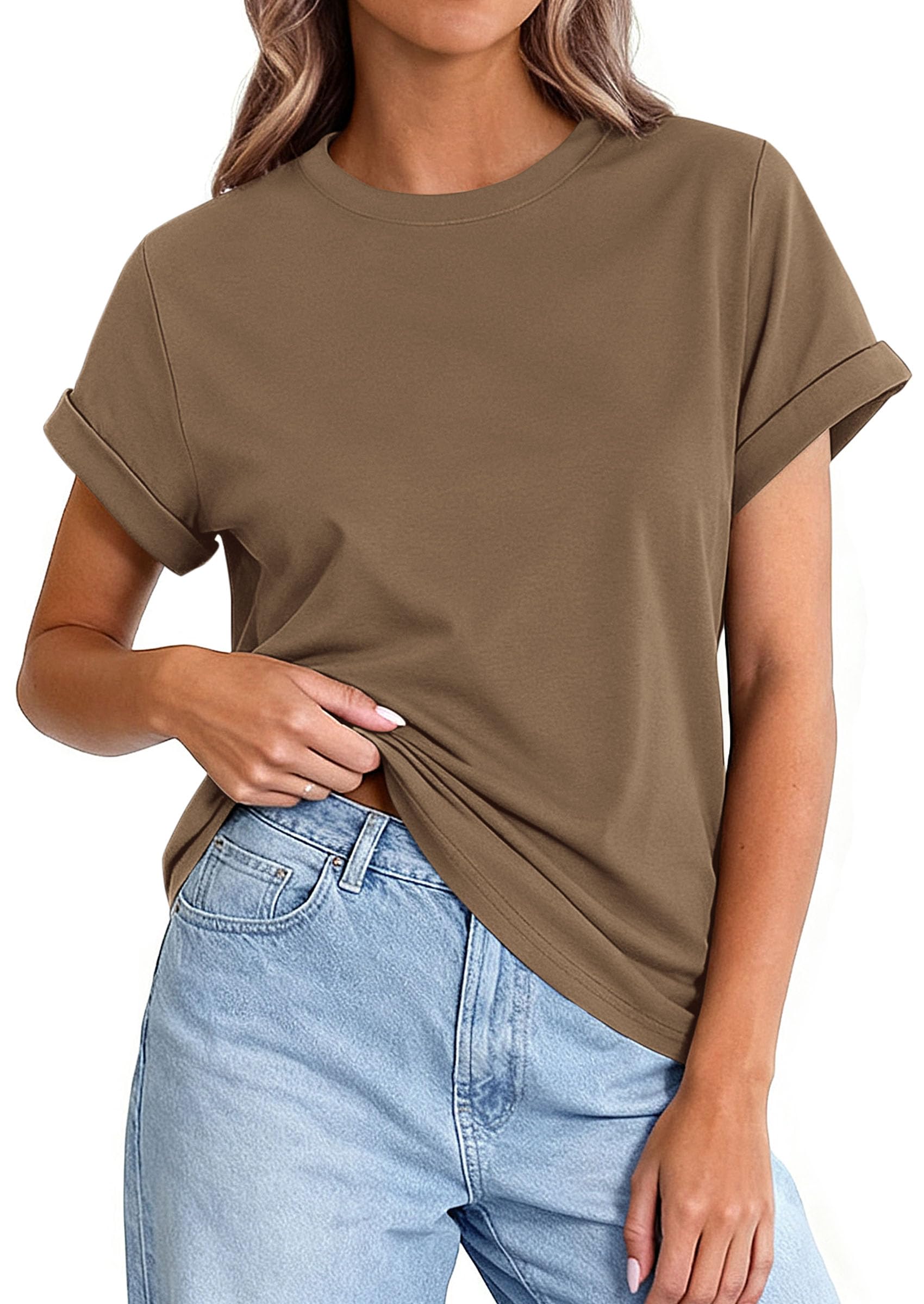 PRETTYGARDEN Womens Summer Tops Spring Casual Rolled Short Sleeve Basic Tees Crew Neck Work Shirts Fashion Clothing