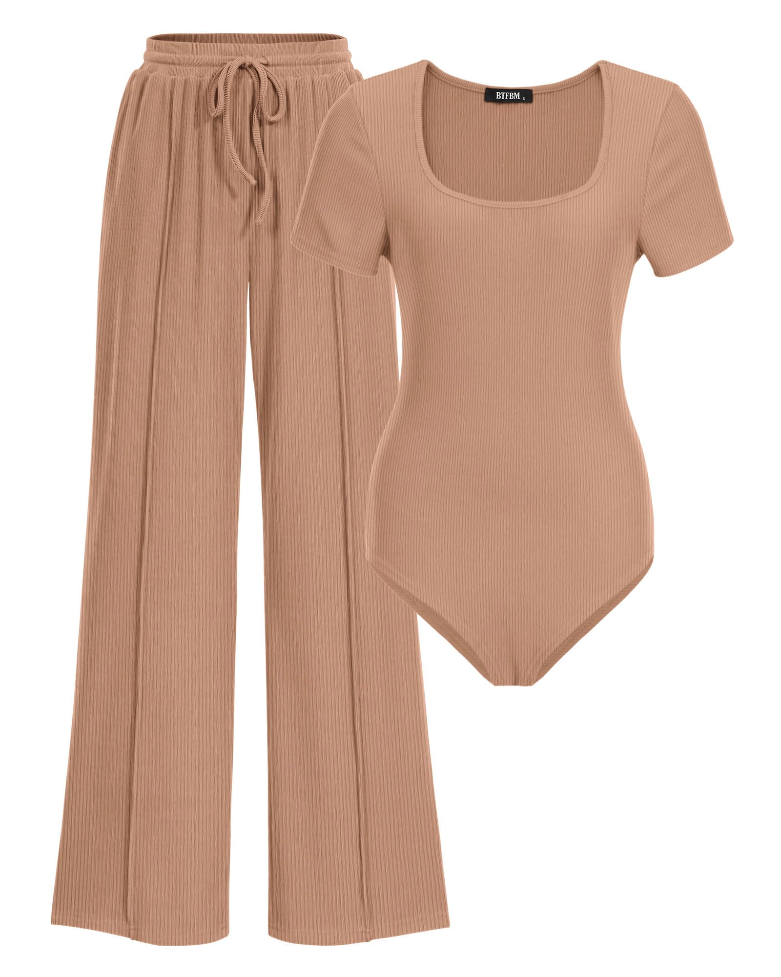 BTFBM Womens Summer 2 Piece Outfits Square Neck Short Sleeve Drawstring Pants Knit Spring Lounge Matching Sets