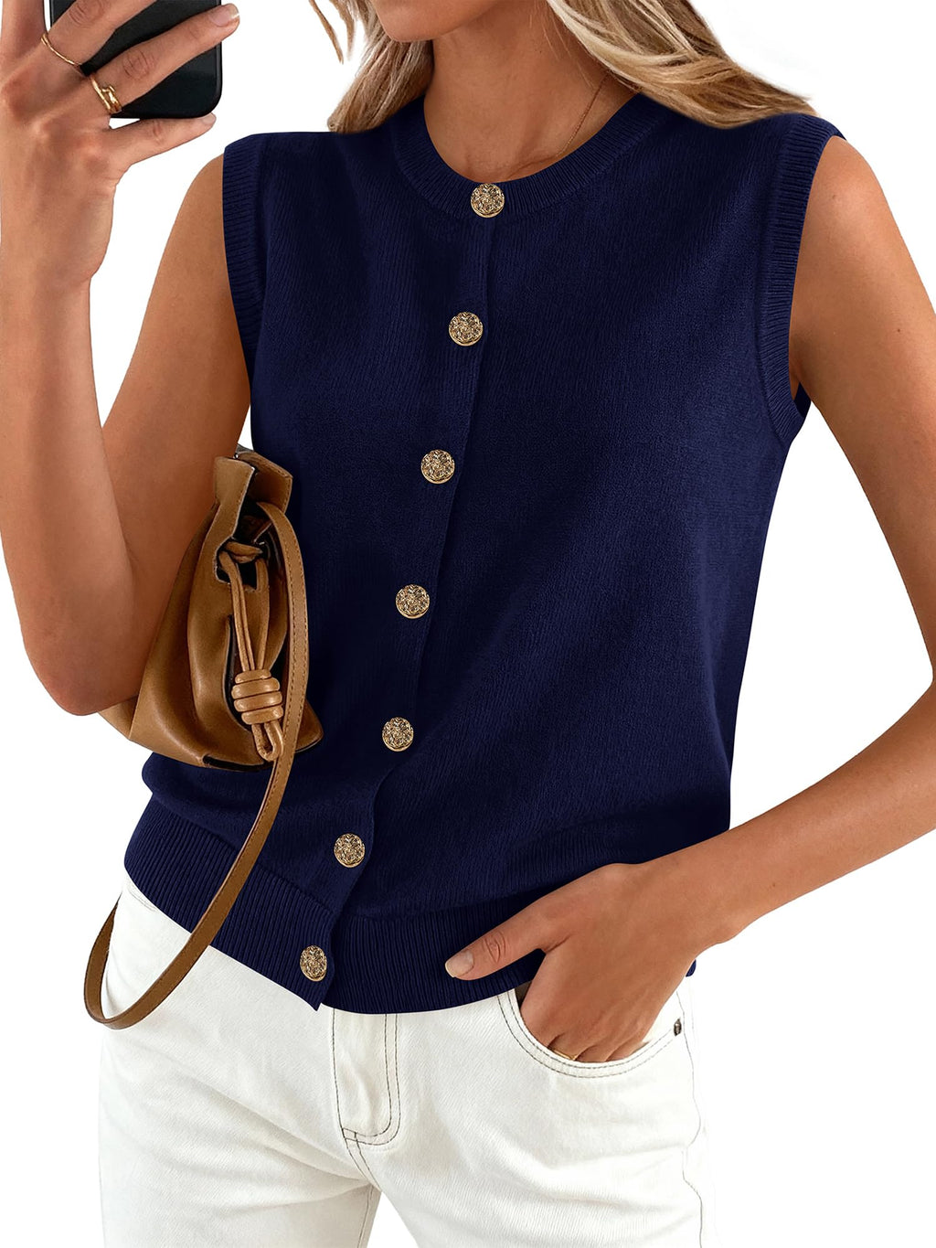 BTFBM Sweater Vest Women Casual Crewneck Loose Button Down Knit Sleeveless Cardigan Spring Clothes Summer Vest Tops