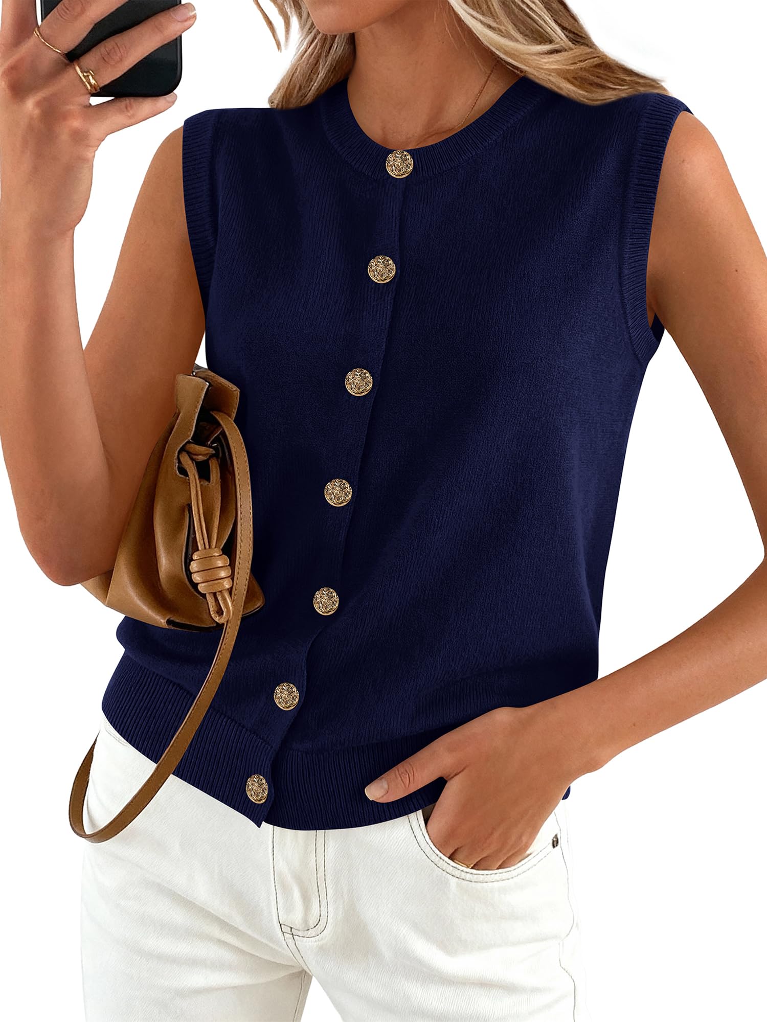 BTFBM Sweater Vest Women Casual Crewneck Loose Button Down Knit Sleeveless Cardigan Spring Clothes Summer Vest Tops