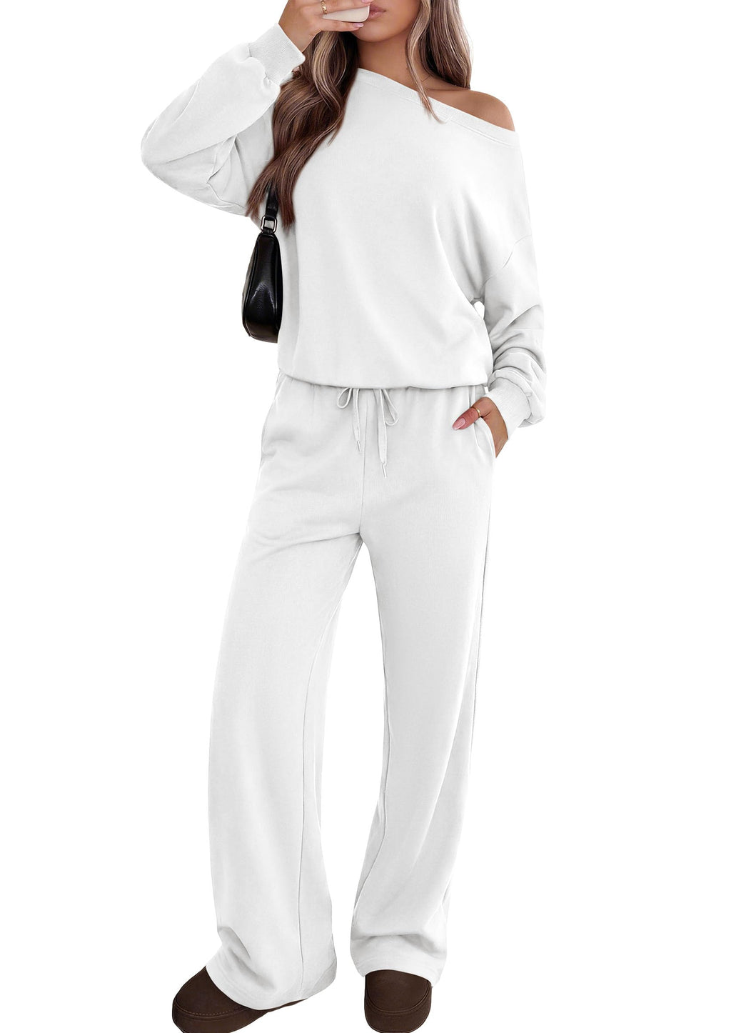 PRETTYGARDEN Womens 2 Piece Casual Matching Lounge Sets Fashion Off the Shoulder Sweatshirt, Wide Leg Pants with Pockets, Comfy Airport Travel Outfit,Trendy Fall Set