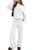 PRETTYGARDEN Womens 2 Piece Casual Matching Lounge Sets Fashion Off the Shoulder Sweatshirt, Wide Leg Pants with Pockets, Comfy Airport Travel Outfit,Trendy Fall Set