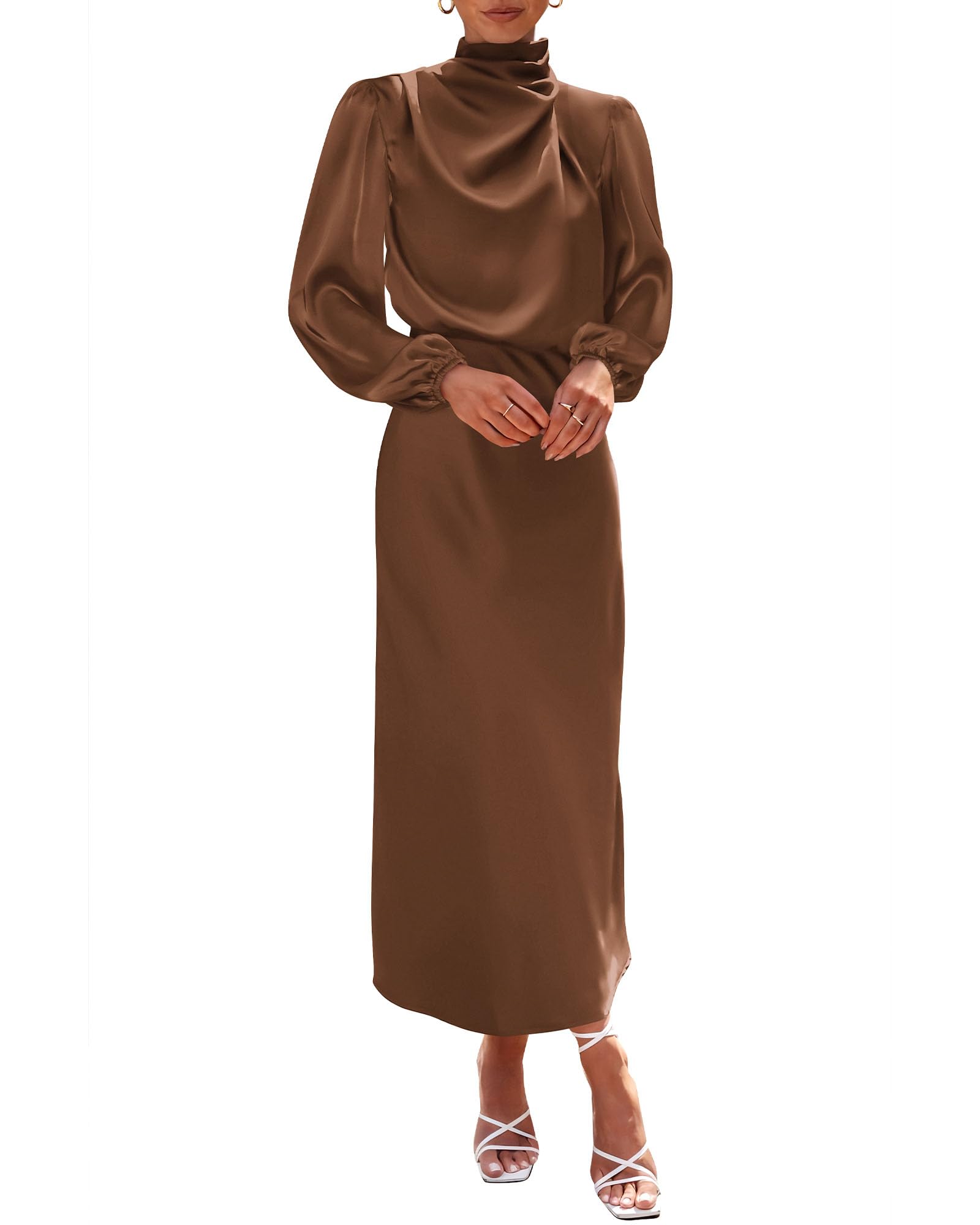 BTFBM Womens Mock Neck Satin Dress Spring Summer Long Sleeve Lightweight Formal Wedding Party Maxi Cocktail Dresses