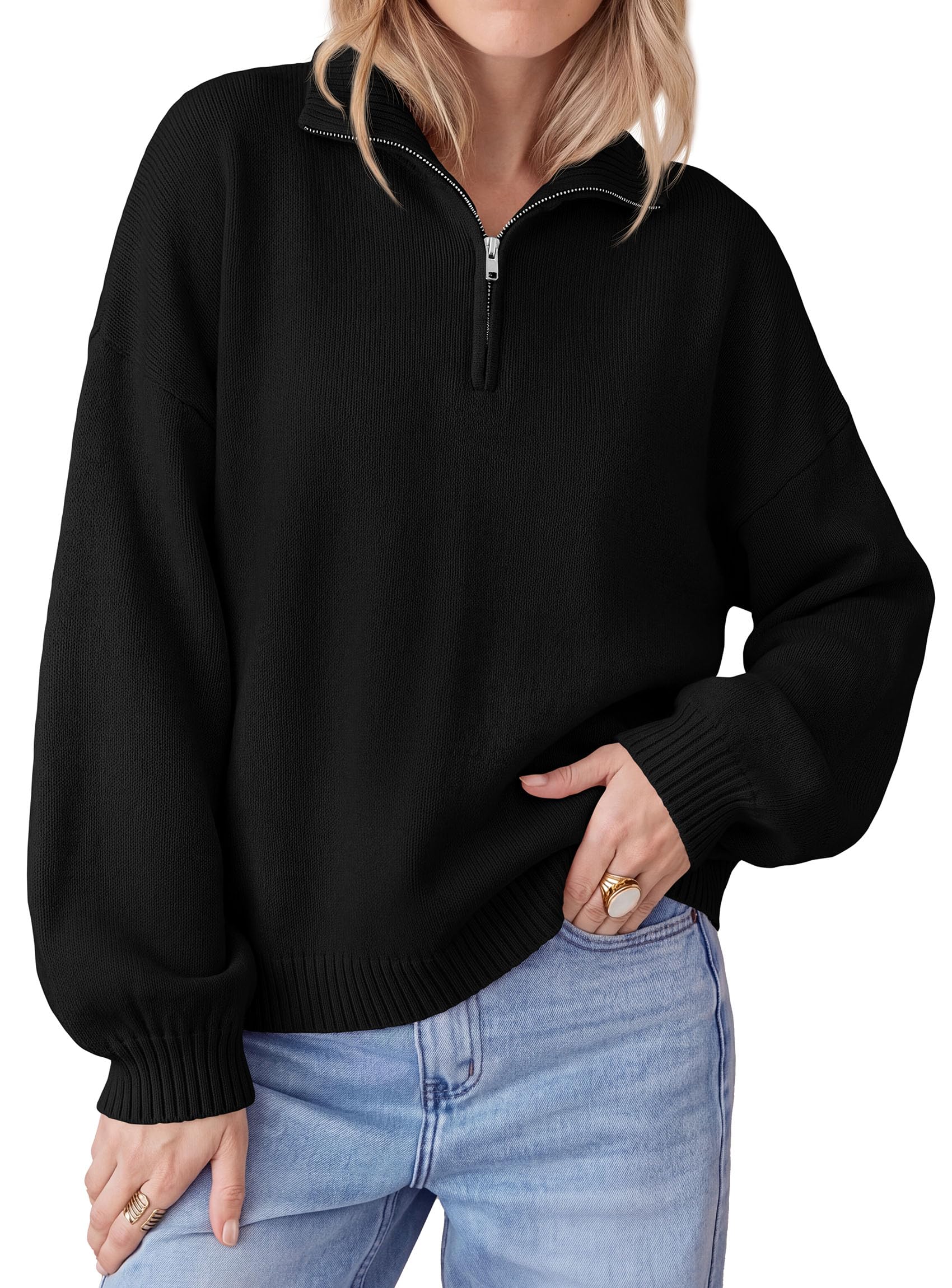 PRETTYGARDEN Women's Quarter Zip Pullover Oversized Sweaters Collared Neck, Long Balloon Sleeve, Jumper Tops, Soft Cozy Knit, Ribbed Hem, Loose Fit, Fall Outfits, Winter Fashion Clothing