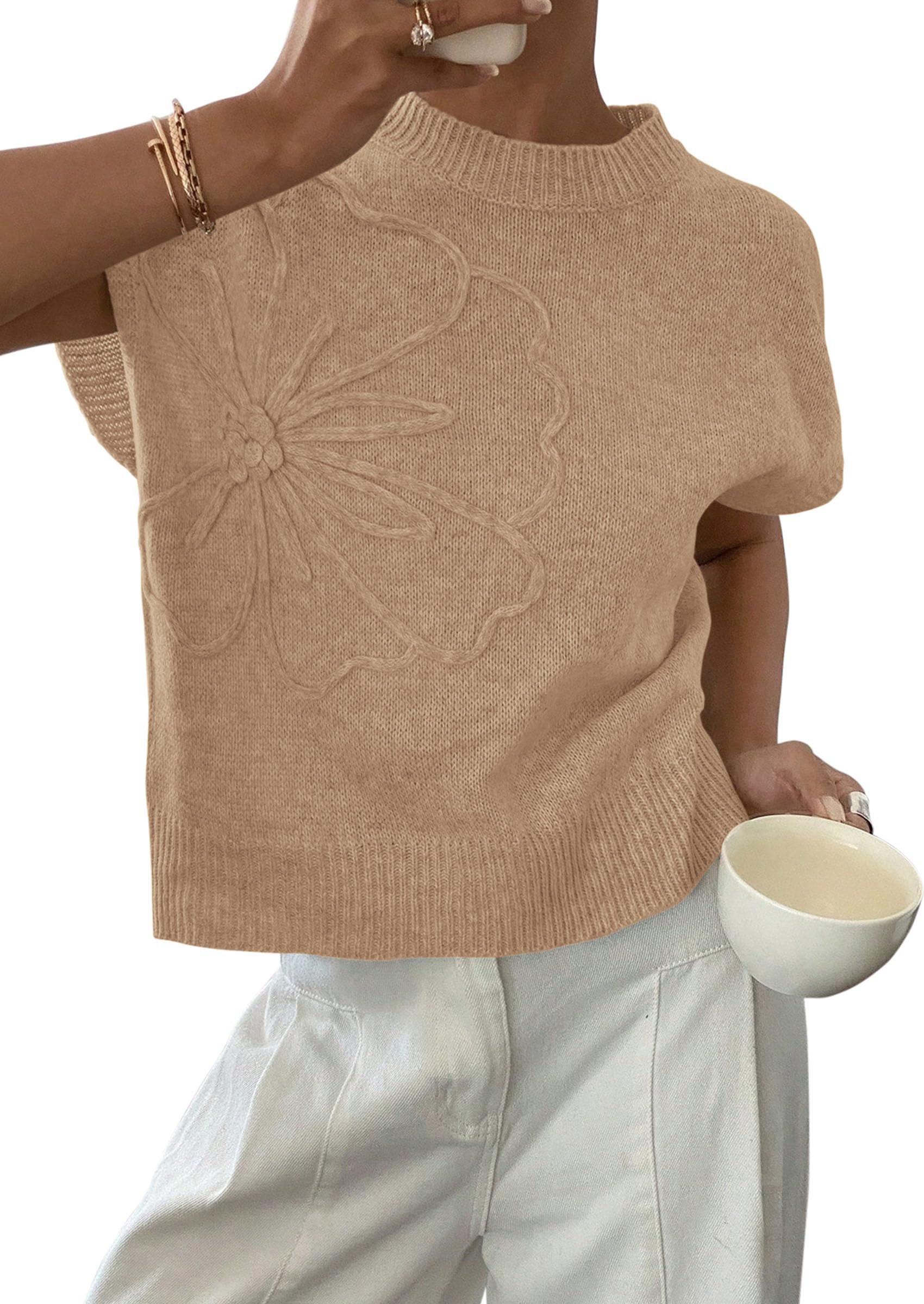 PRETTYGARDEN Women's Spring Sweater Vest Trendy Flower Knit Short Sleeve Cute Pullover Tank Tops Summer Fashion Clothing