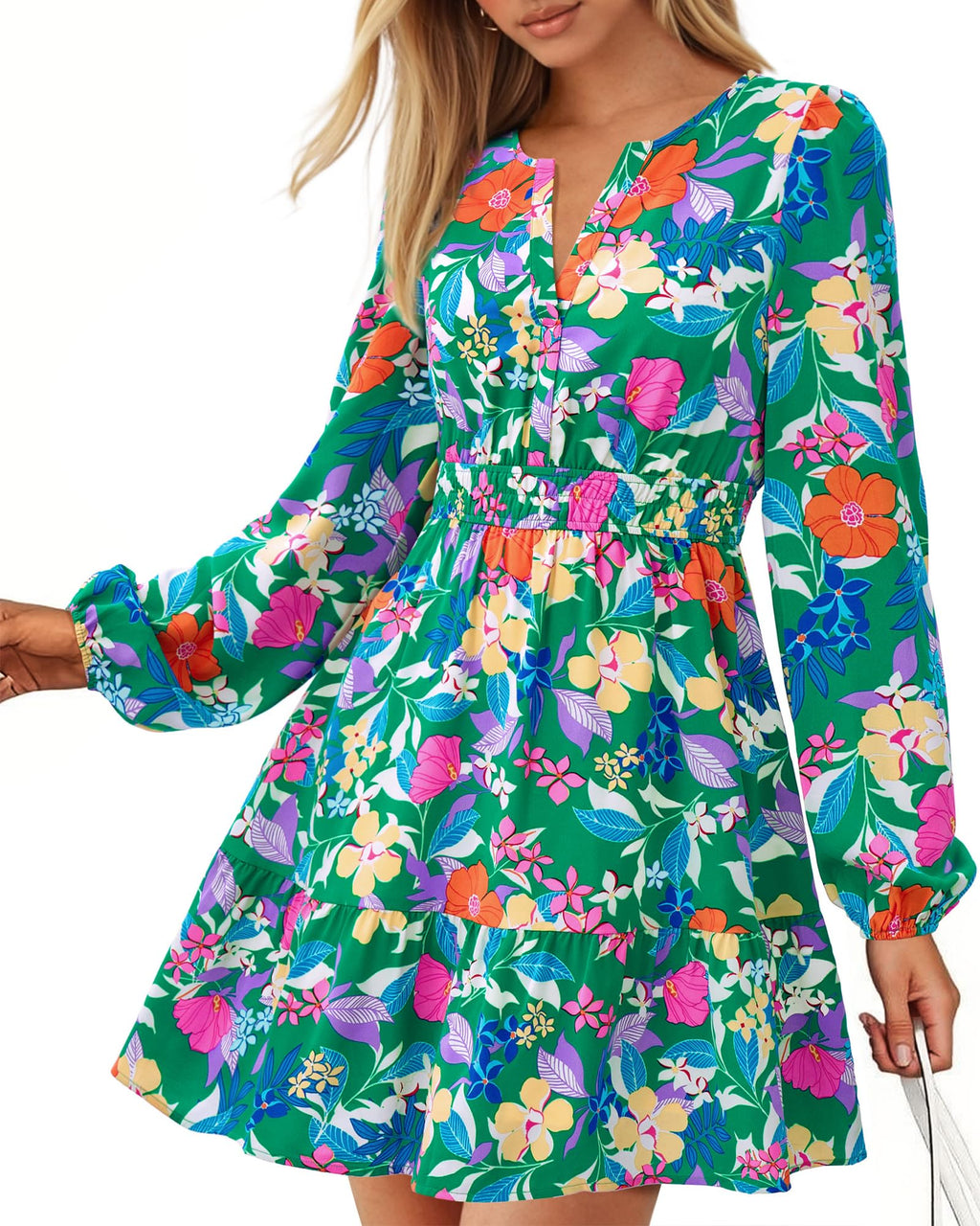 BTFBM Spring Dresses for Women Mini Long Sleeve Elastic Waist Summer Vacation Outfits Floral Wedding Guest Dress