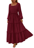 PRETTYGARDEN Fall Dresses for Women Long Sleeve Smocked Square Neck Swiss Dot Tiered Flowy Wedding Guest Maxi Dress