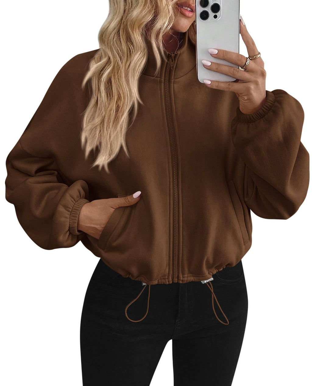 PRETTYGARDEN Womens Zip Up Fleece Cropped Sweatshirt Jacket Oversized Loose Soft Stand Collar with Drawstring Hem, Long Sleeve Casual Coat With Pockets, Fall Outfits Winter Clothing