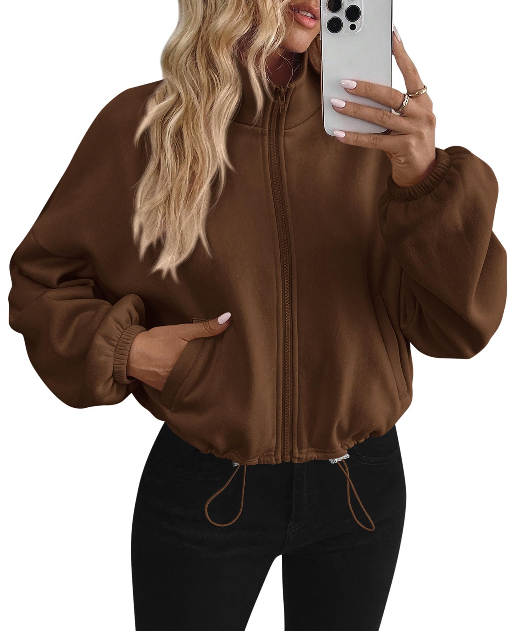 PRETTYGARDEN Womens Zip Up Fleece Cropped Sweatshirt Jacket Oversized Loose Soft Stand Collar with Drawstring Hem, Long Sleeve Casual Coat With Pockets, Fall Outfits Winter Clothing