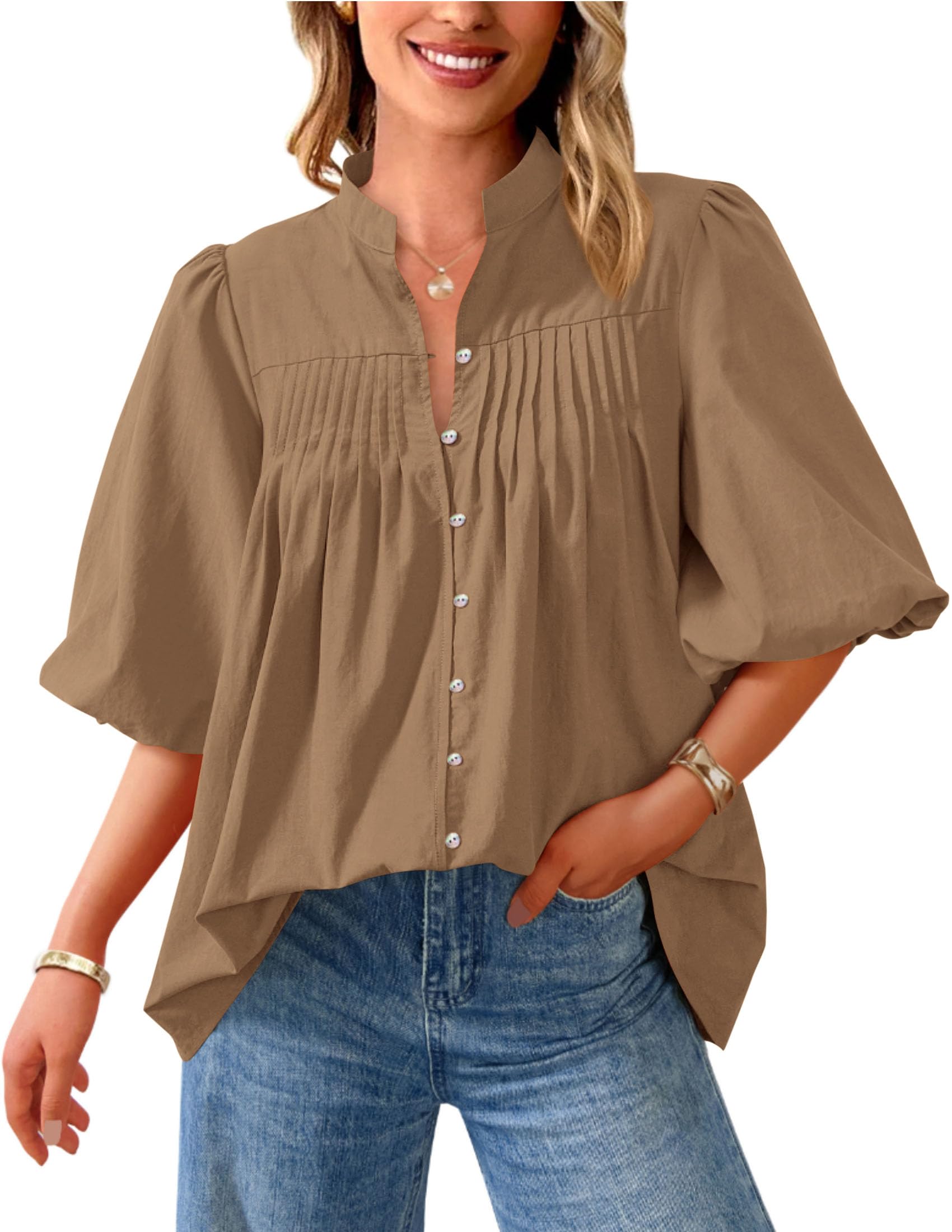 PRETTYGARDEN Women's  Summer Short Lantern Sleeve Tops Loose Fit Button Down Shirt Pleated V Neck Blouses Trendy Clothes
