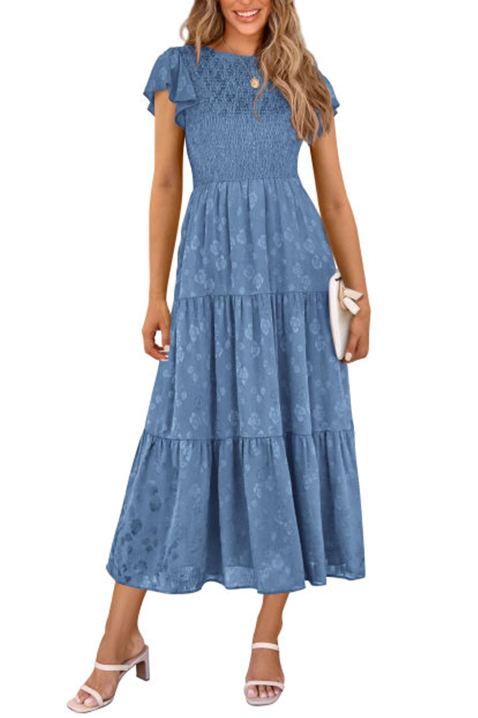 PRETTYGARDEN Wedding Guest Dresses for Women Summer Floral Cap Sleeve Smocked A Line Long Elegant Party Boho Dress