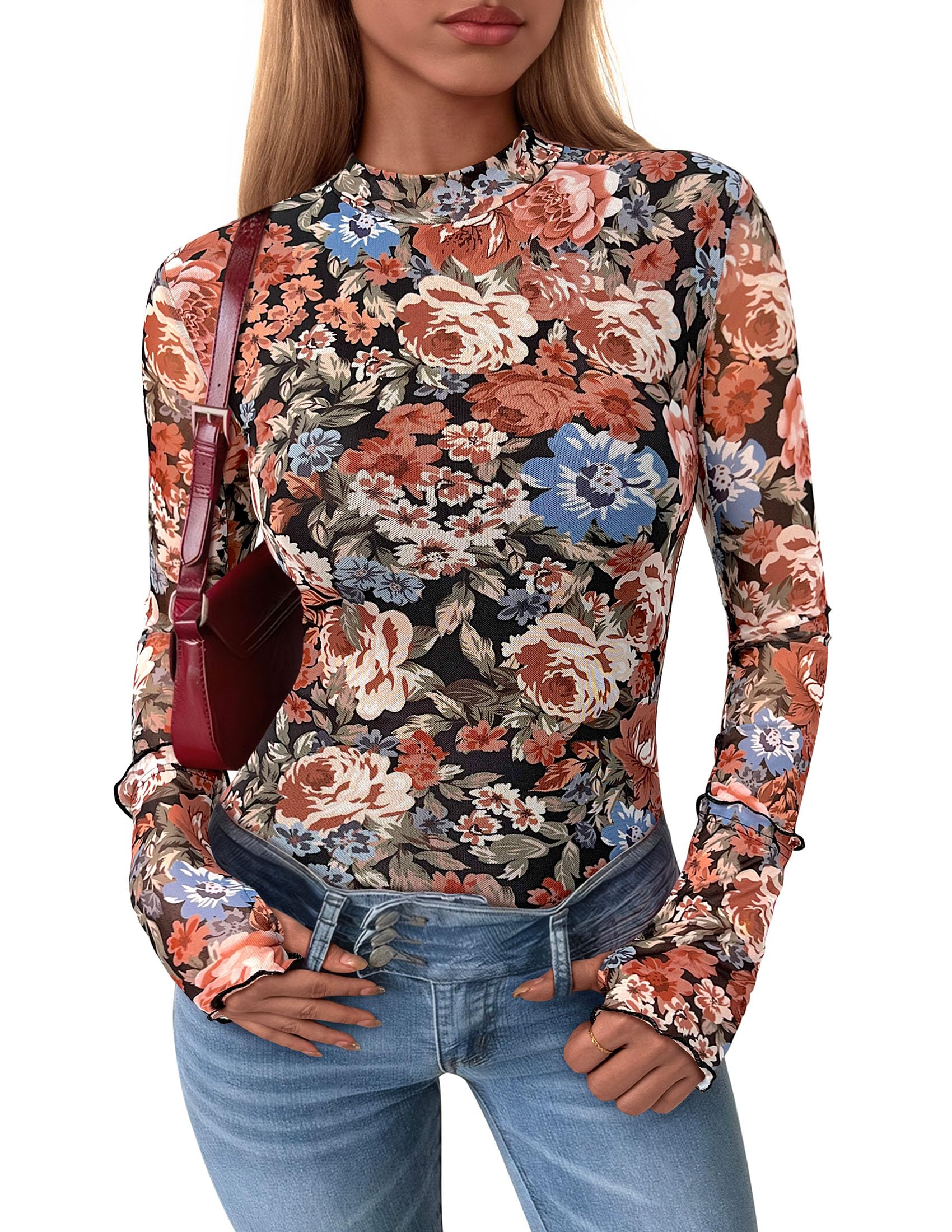 PRETTYGARDEN Womens Fall Mesh Floral Blouses Long Sleeve Going Out Tops Slim Fitted Shirts Date Night Outfits
