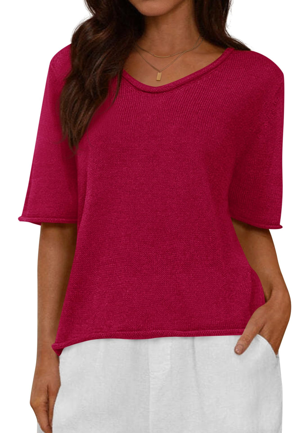 FreshPretty Sweaters for Women Summer Oversized Half Short Sleeve Knitted Pullover V Neck‌ Casual Loose Fit Spring Tops