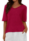 FreshPretty Sweaters for Women Summer Oversized Half Short Sleeve Knitted Pullover V Neck‌ Casual Loose Fit Spring Tops