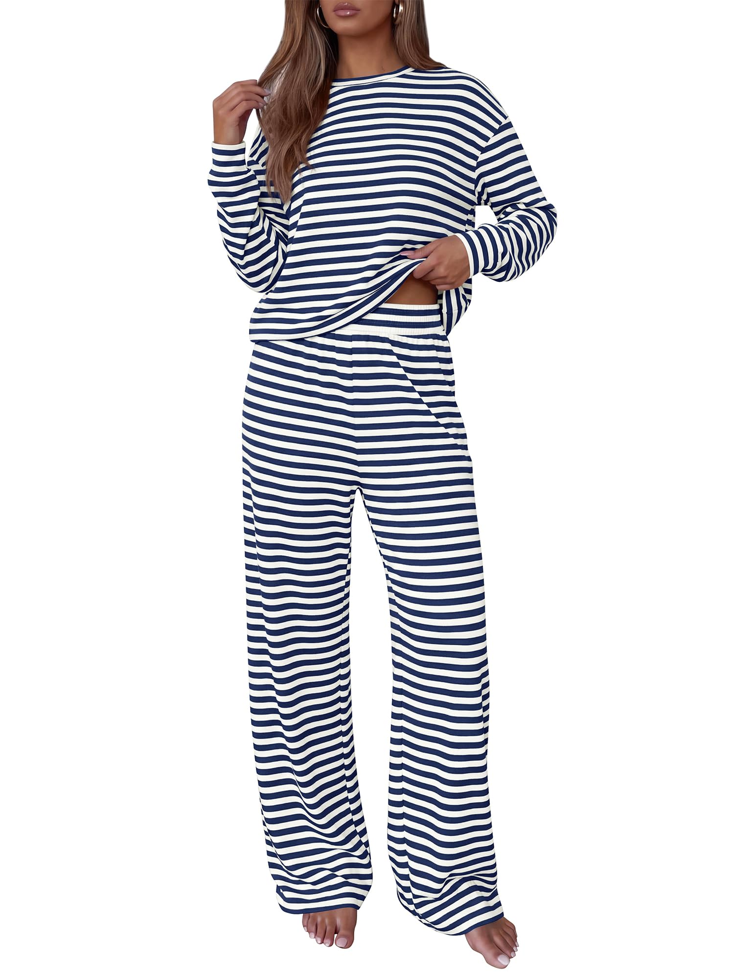 BTFBM Striped Lounge Set Sweatsuits Women 2 Piece Outfit | Womens Pajama Sets, Crew Neck Sweatshirt and Wide Leg Pants, Pockets, Airport, Travel, Vacation Outfits, Fall Winter Clothes