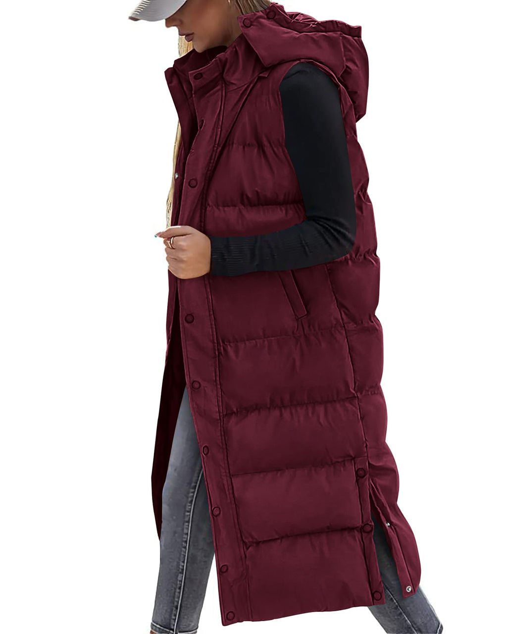 FreshPretty Long Puffer Vest Women Quilted Hooded Button Down Zip Up Sleeveless Vests Outerwear Padded Jacket Fall Winter Coat