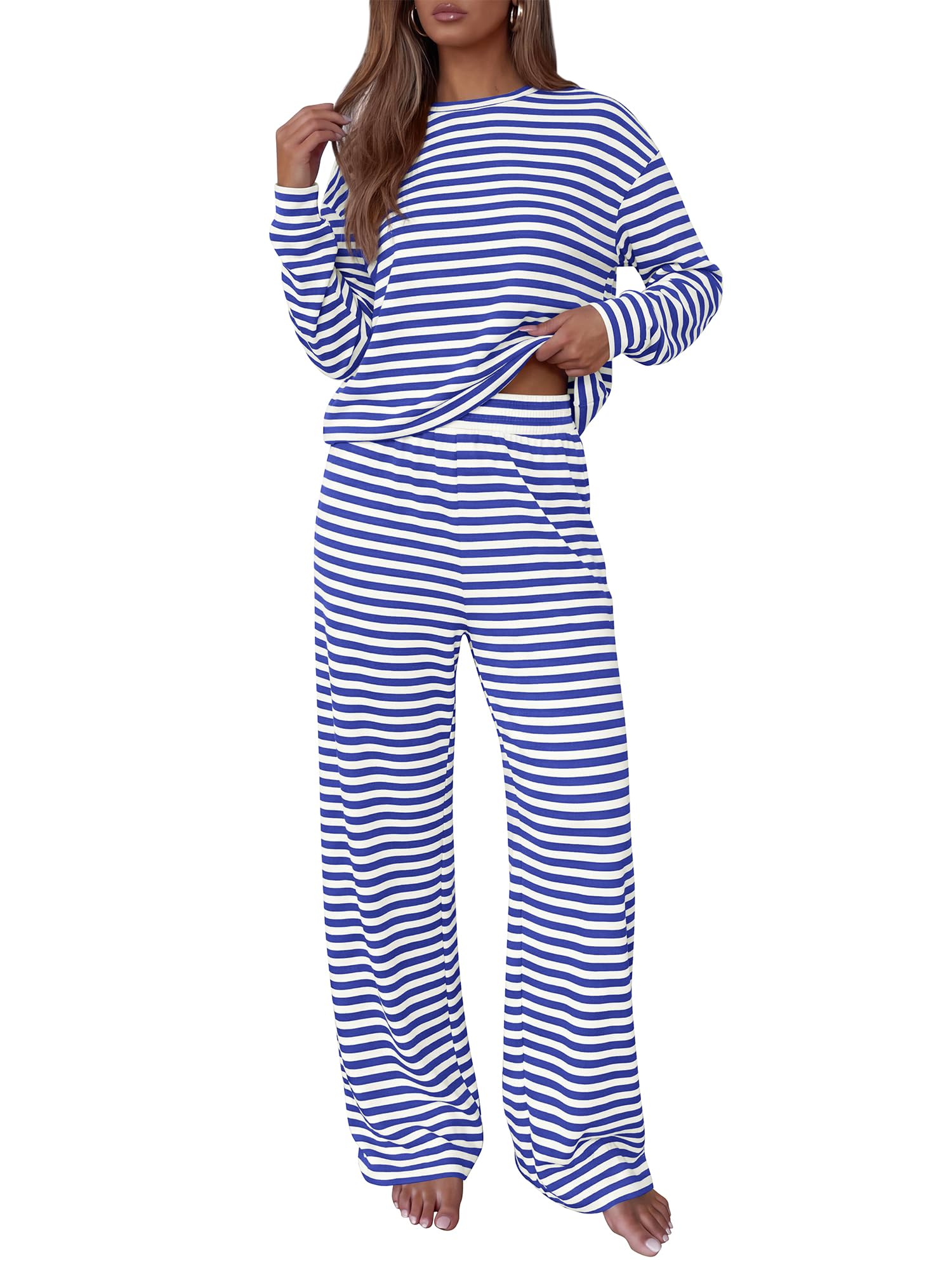 BTFBM Striped Lounge Set Sweatsuits Women 2 Piece Outfit | Womens Pajama Sets, Crew Neck Sweatshirt and Wide Leg Pants, Pockets, Airport, Travel, Vacation Outfits, Fall Winter Clothes