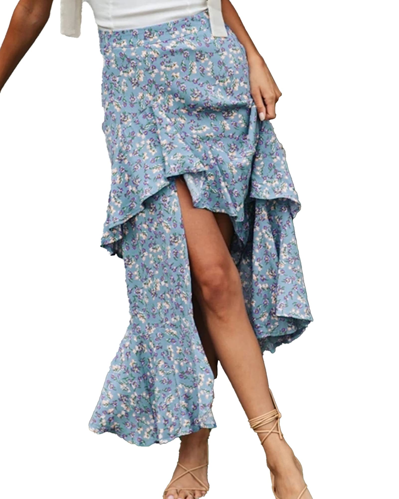 FreshPretty Women Summer Fall Boho Long Skirts Dress Floral Print Elastic Waist Split Ruffle High Low Beach Maxi Skirt