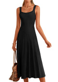 PRETTYGARDEN Spring Dresses for Women Summer Casual Sleeveless Square Neck A Line Knit Pleated Midi Cocktail Party Dress