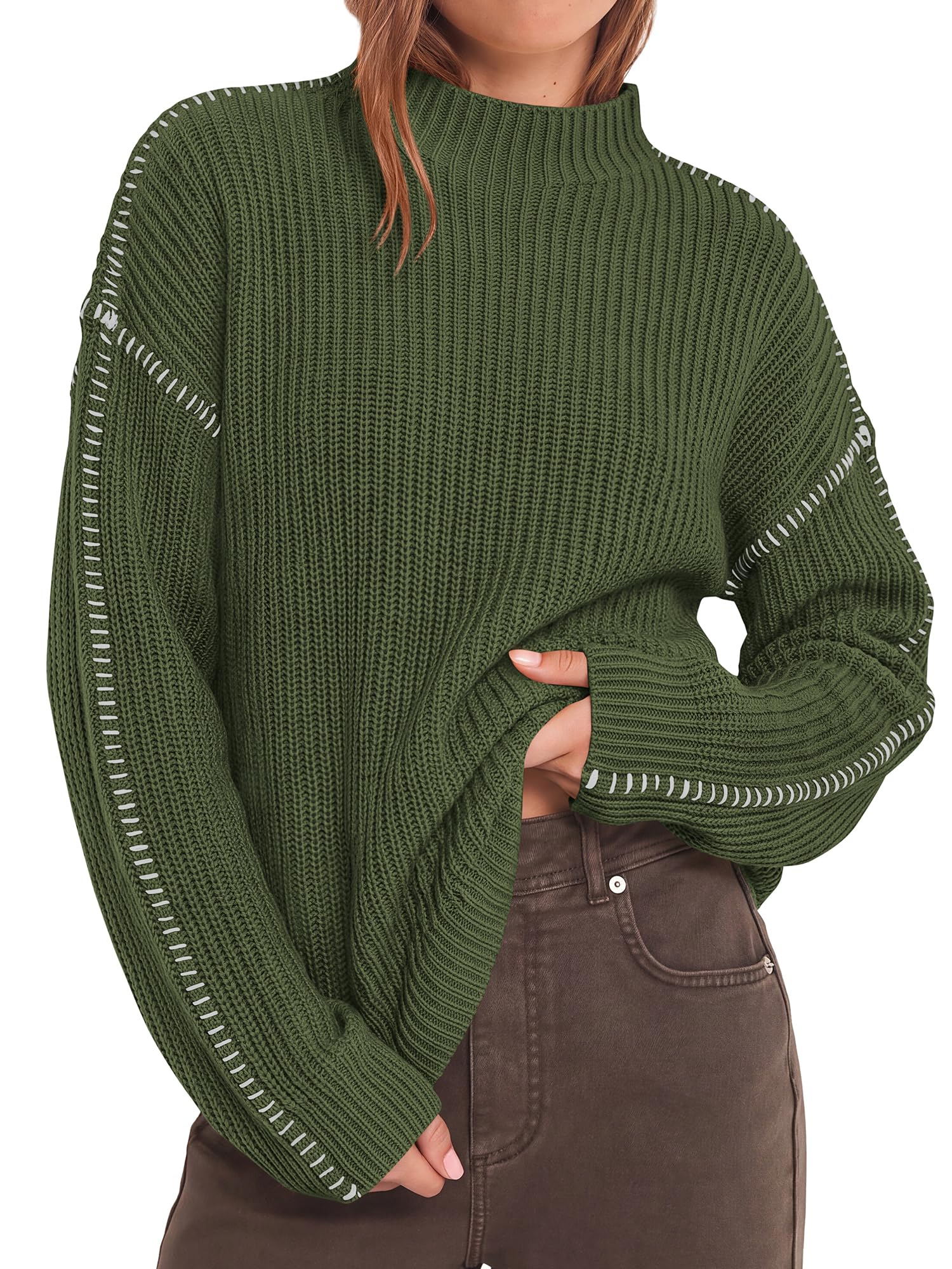 "BTFBM Womens Oversized Sweaters Contrast Chunky Knit Sweater Loose Fit Mock Neck Long Sleeve Tops, Soft Cozy Knitwear, Fall Fashion 2026, Casual Winter Clothing, Daily Going Out Outfits"