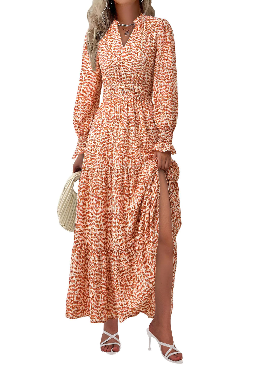 PRETTYGARDEN Women's Floral Maxi Dress Fall Long Sleeve V Neck Casual A Line Long Flowy Boho Party Dresses