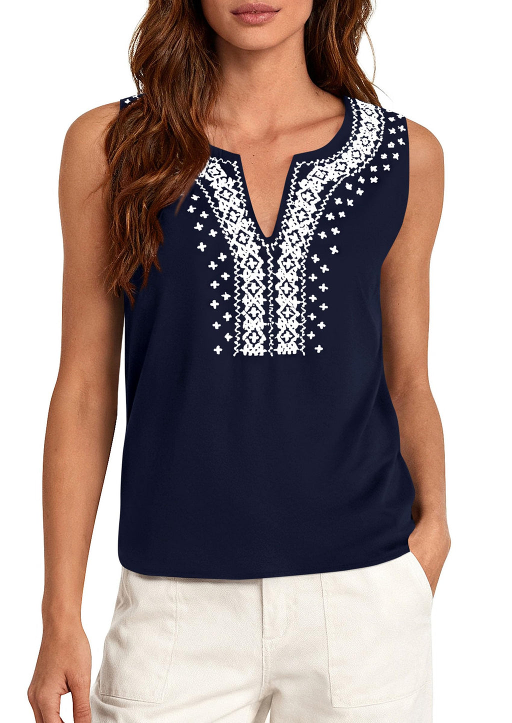 PRETTYGARDEN Womens Tank Tops Summer Causal V Neck Sleeveless Shirts Floral Print Embroidered Beach Vacation Boho Top