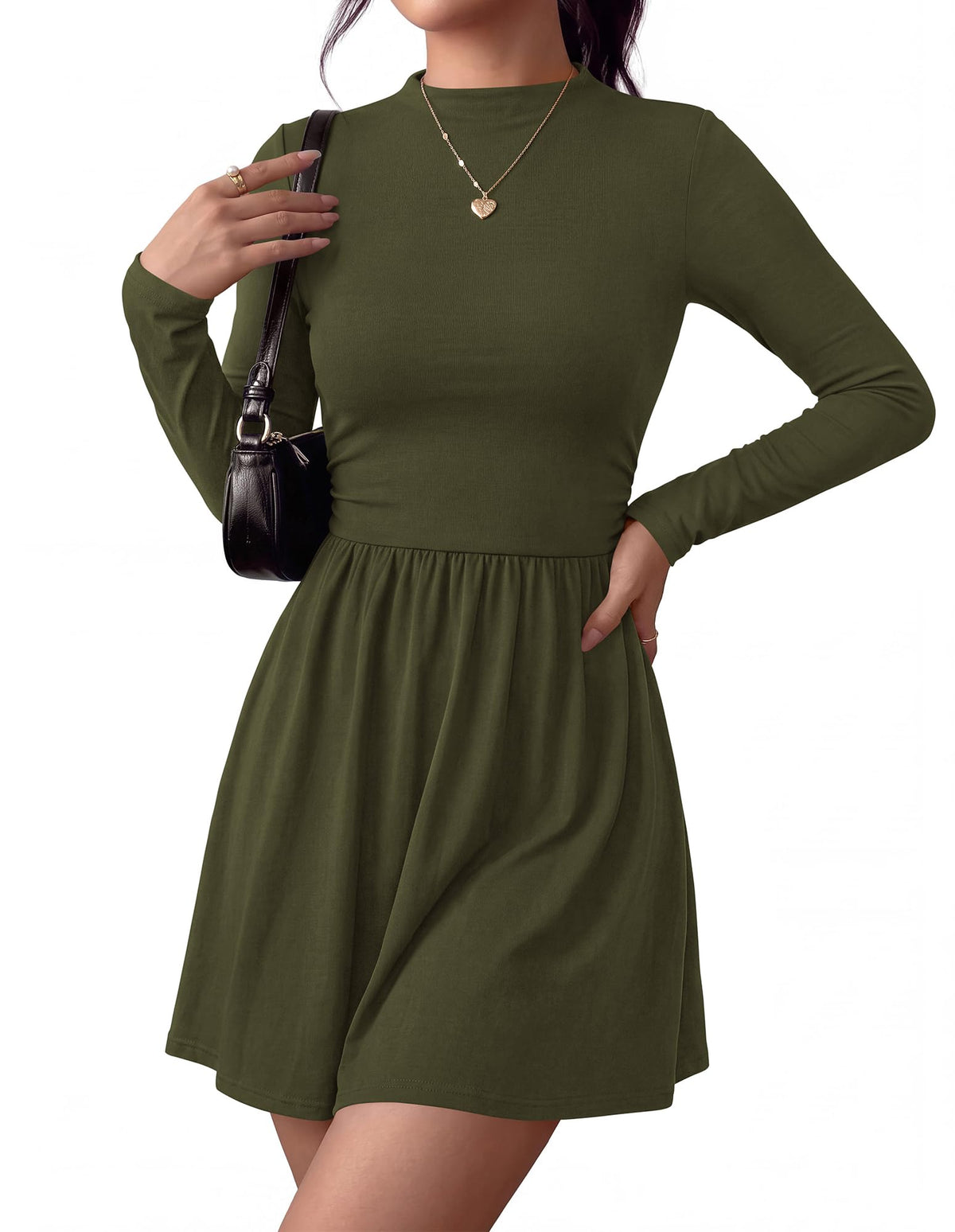 BTFBM Long Sleeve Dresses for Women Mock Neck A Line Flowy Mini Dress Swing Pleated Hem,Cocktail Party Club Holiday Going Out Outfits,Dressy Casual Winter,Trendy Early Fall Fashion Clothing