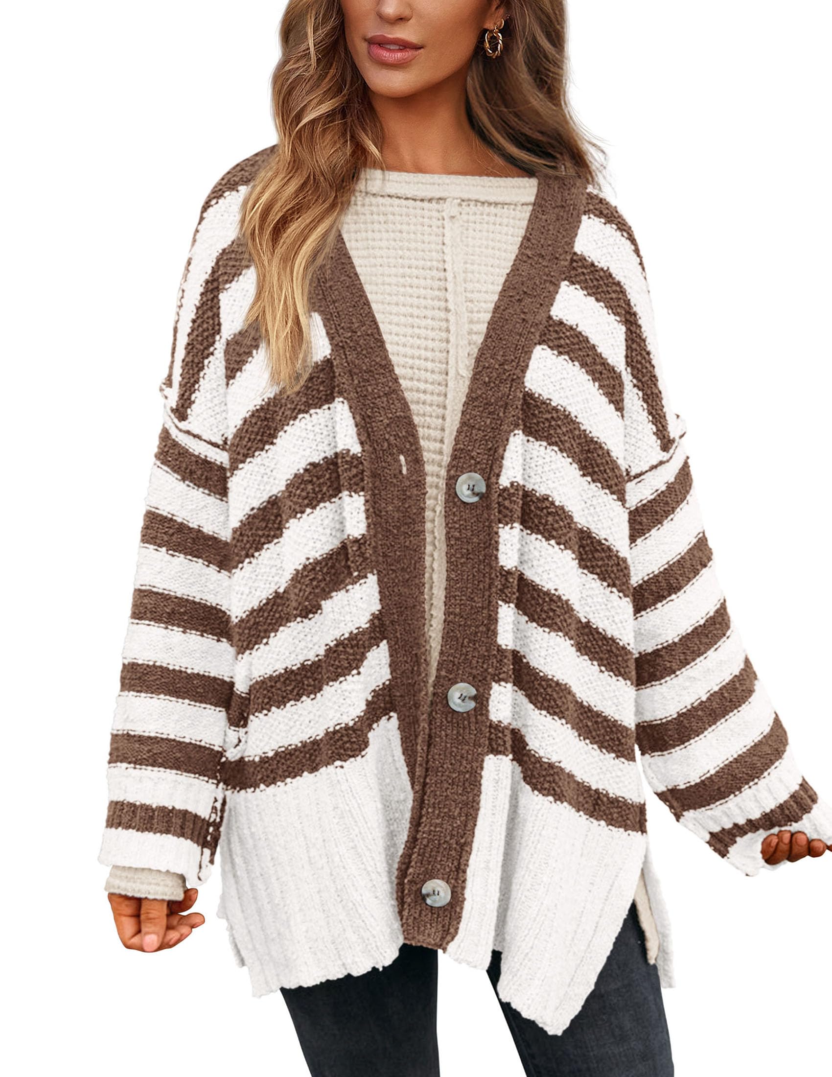 PRETTYGARDEN Women's Winter Striped Cardigan Sweaters Long Sleeve Button Down Open Front Chunky Knit Oversized Sweater Coat