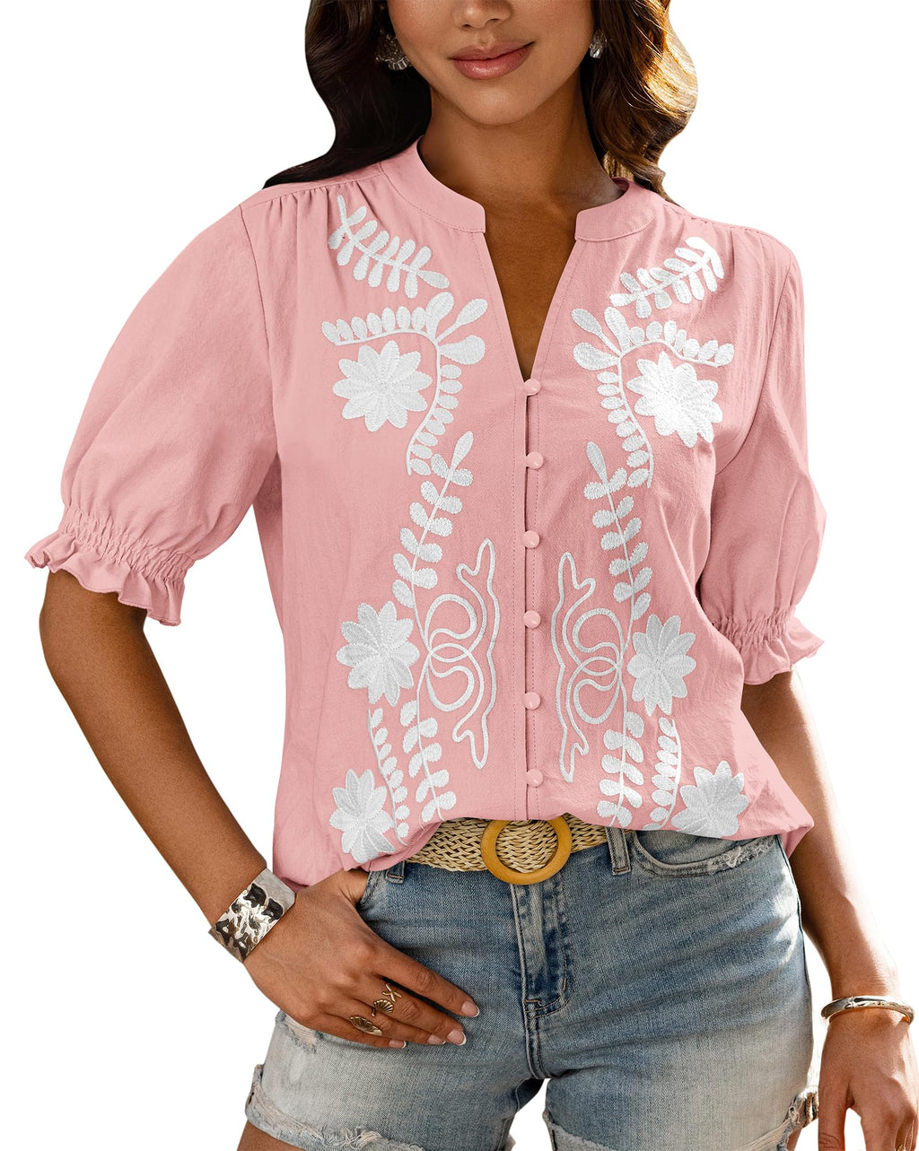 BTFBM Women's Spring Tops Casual Floral Boho V Neck Puff Short Sleeve Button Down Shirts Embroidered Blouses Tunic